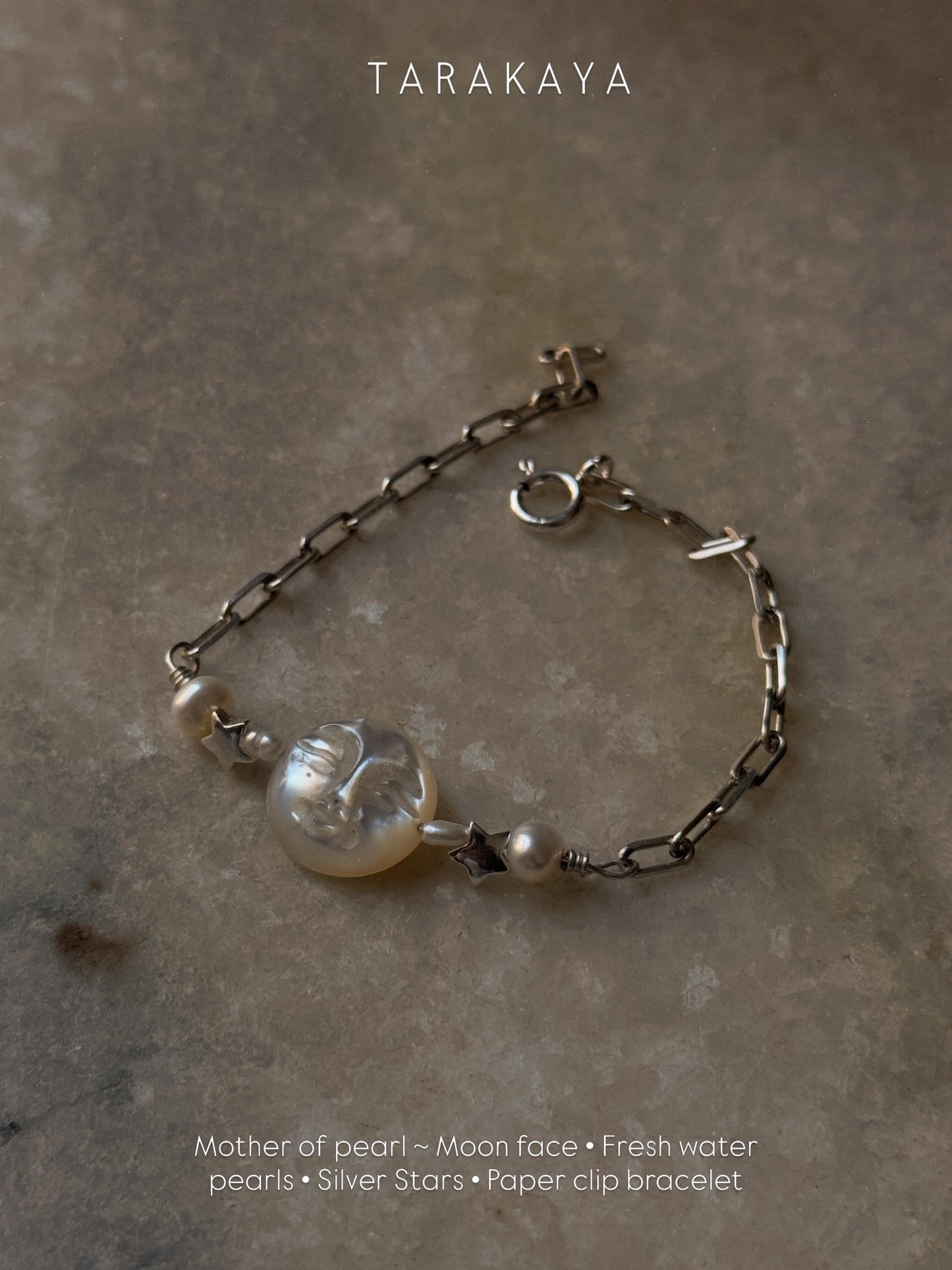 925 Sterling Silver Mother of Pearl Moon Face, Fresh Water Pearls & Silver Stars Self Designed Handcrafted Bracelet