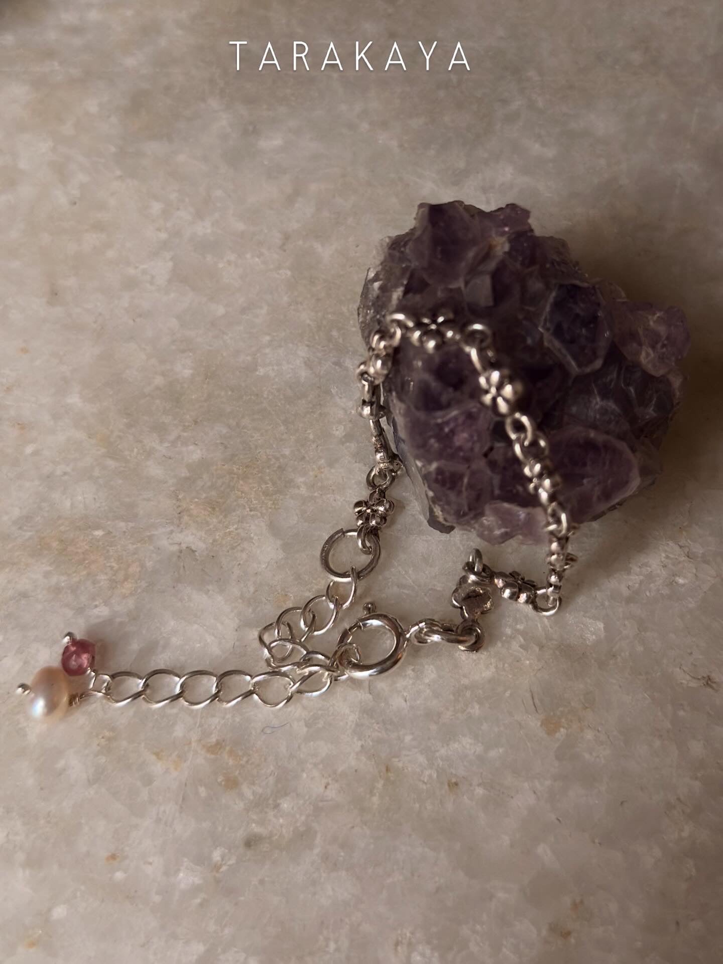 925 Sterling Silver Antique Cherry Blossom Flowers ~ Pink Tourmaline & Fresh Water Pearl Charm Bracelet