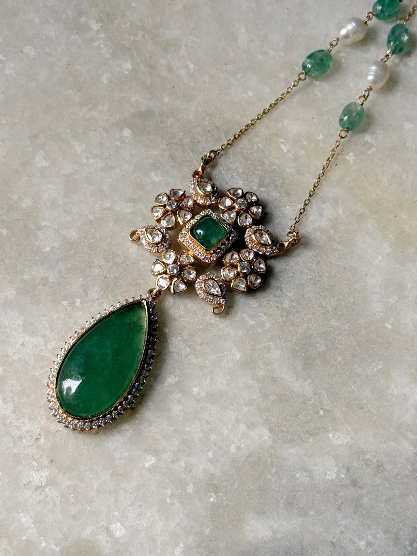 Vintage Inspired 925 Sterling Silver Gold Plated Green Onyx Pear Drop Polki Necklace