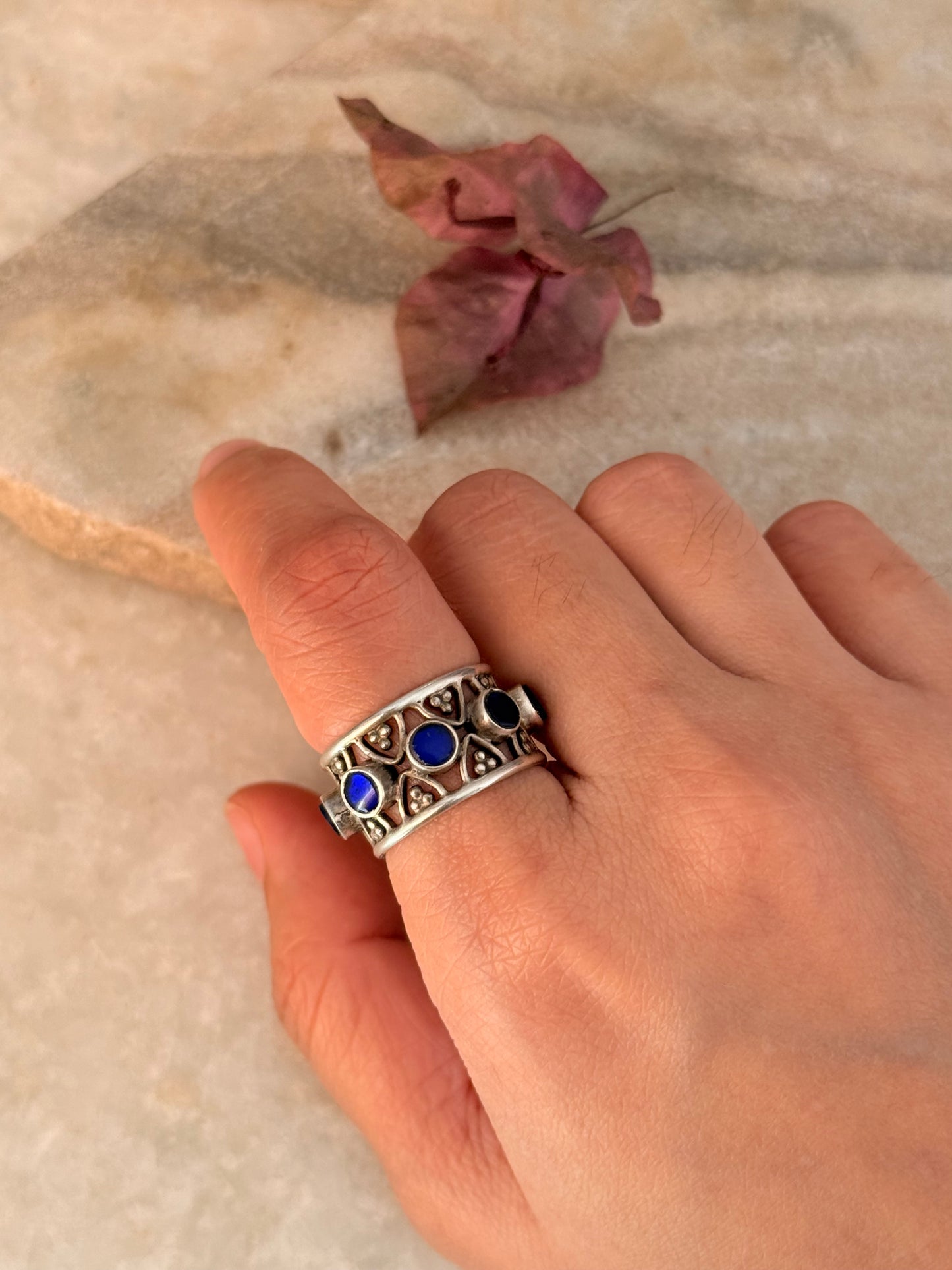 925 Sterling Silver Blue Kundan Antique Rawa Style Adjustable Handcrafted Ring