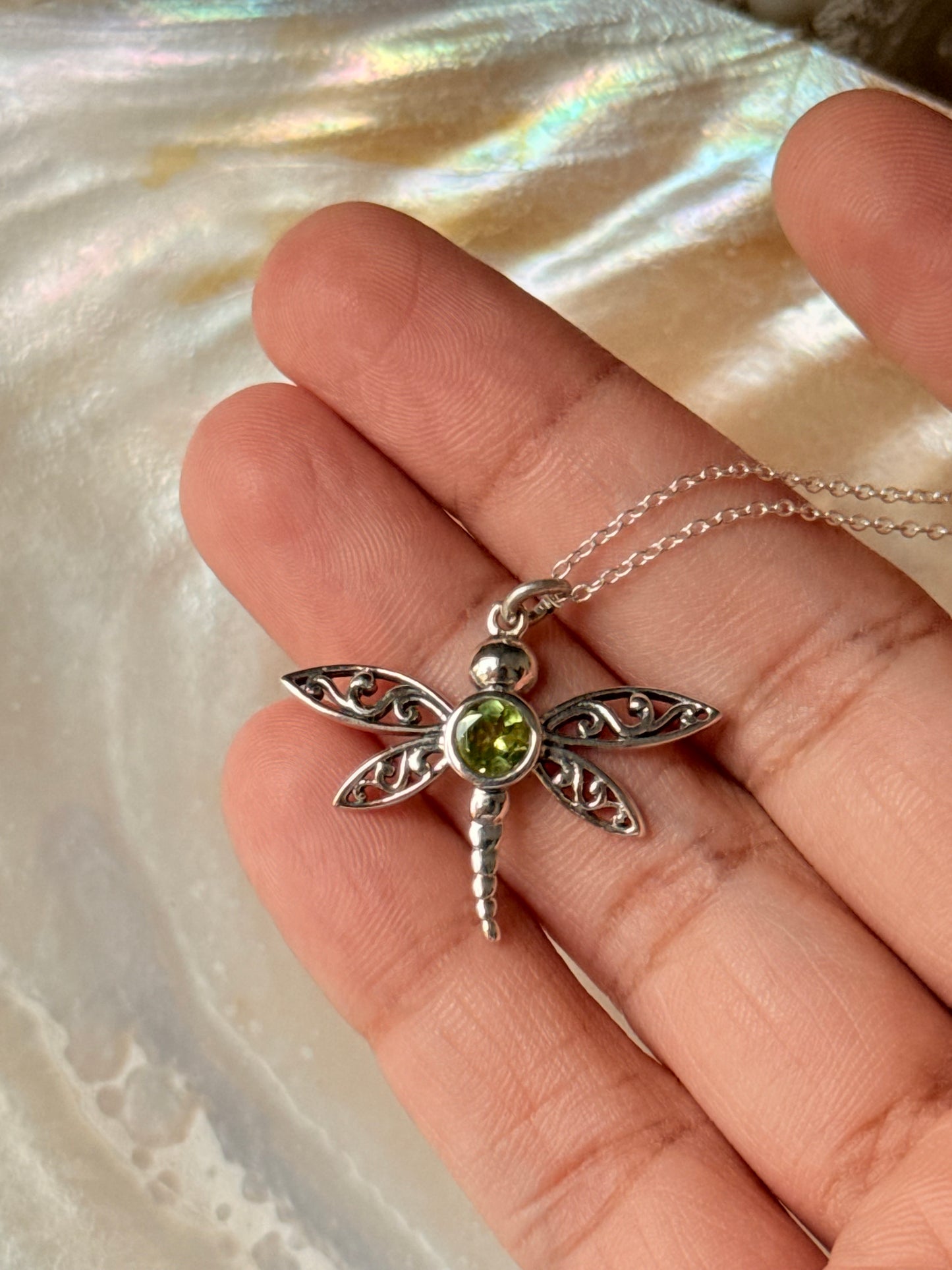 925 Sterling Silver Peridot Dragonfly Dainty Cable Chain Necklace