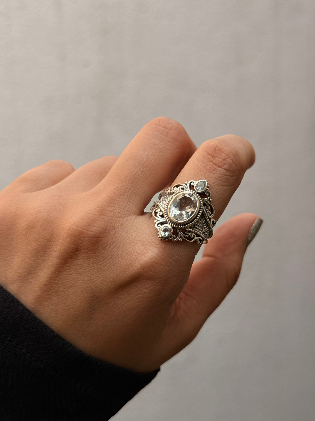 925 Sterling Silver Clear Quartz Blue Topaz Vintage Style Statement Ring