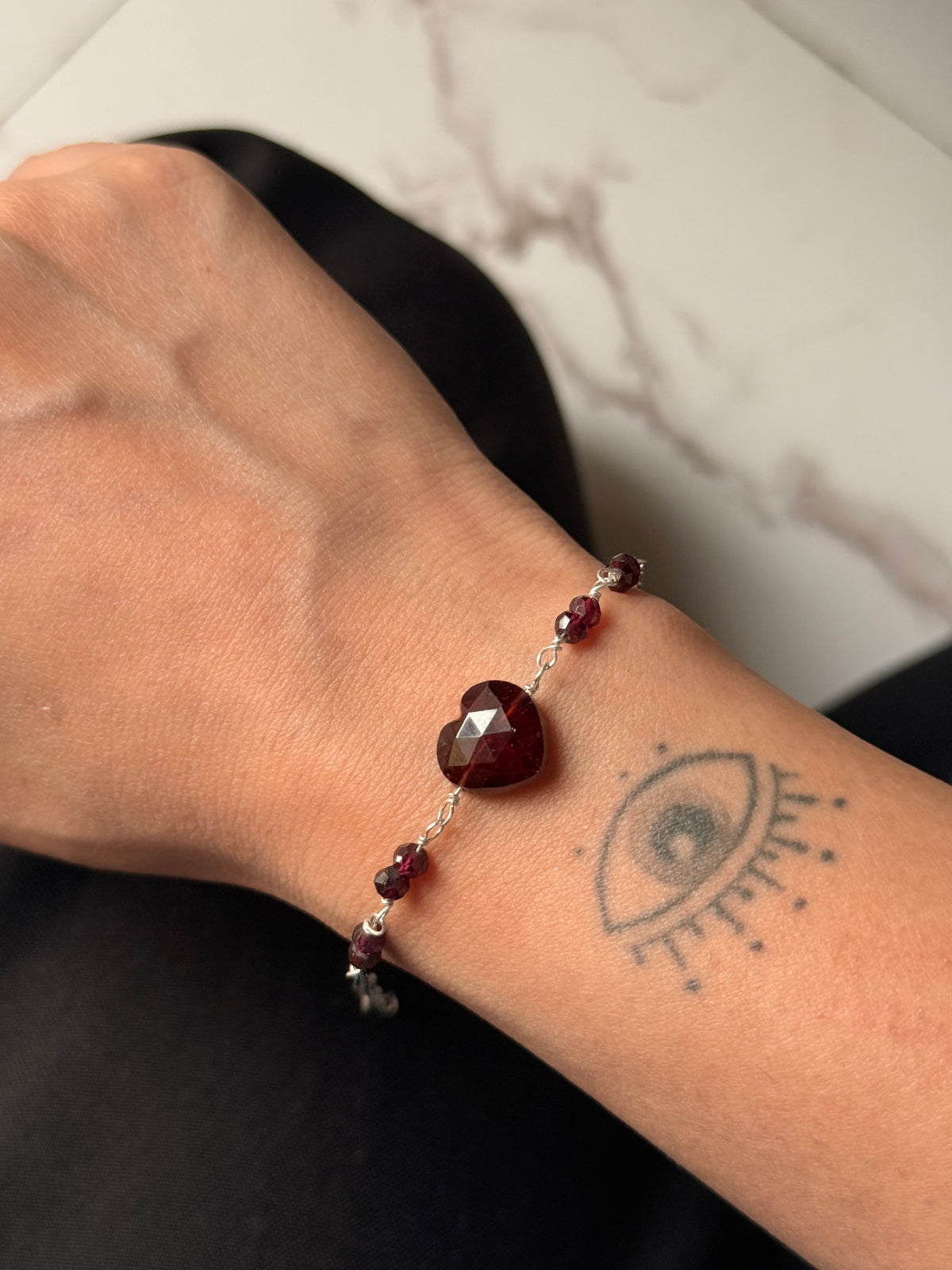 925 Sterling Silver Garnet Heart 4mm Handcrafted Bracelet