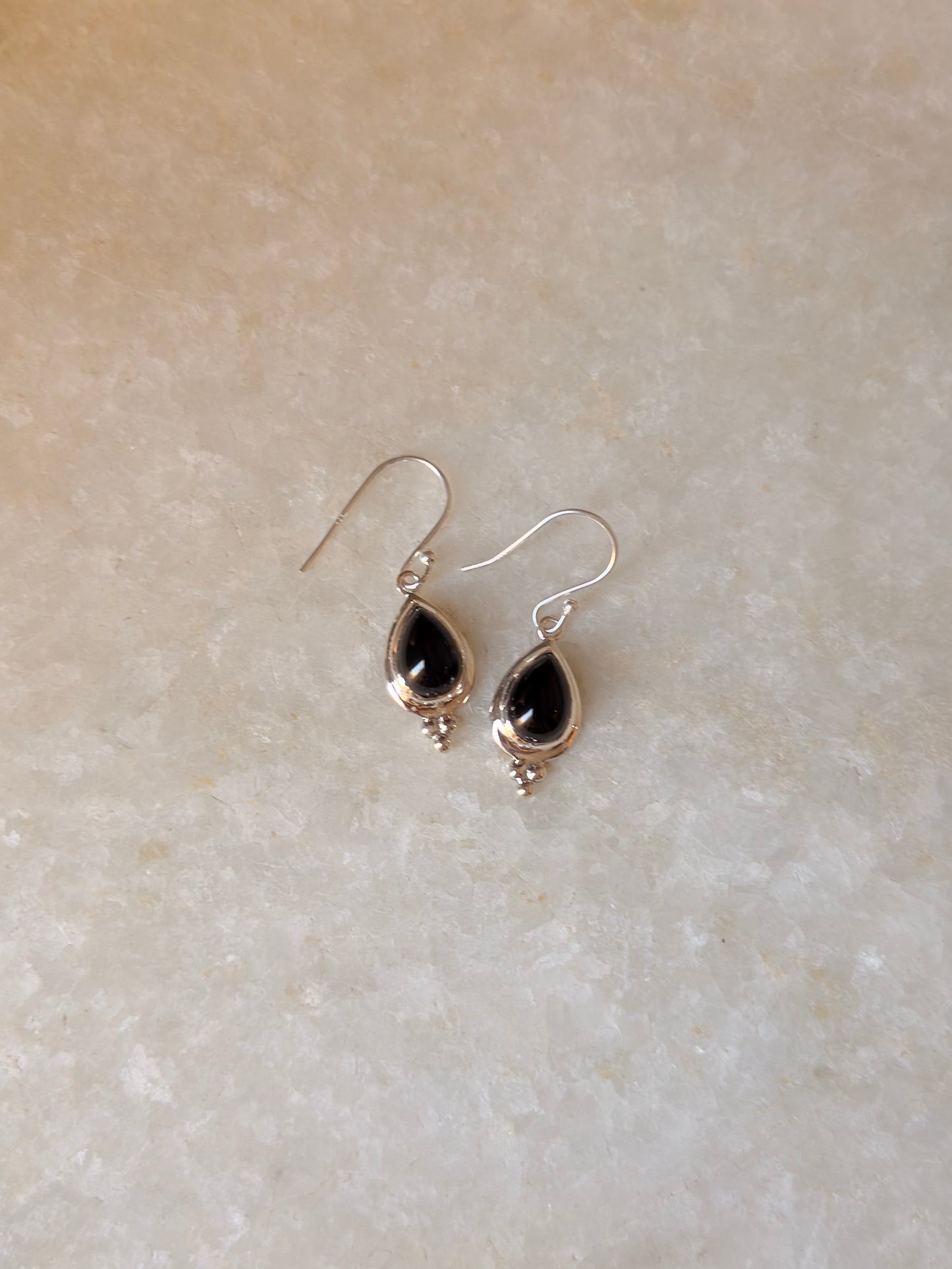 925 Sterling Silver Black Onyx Pear Rawa Handcrafted Hook Earrings