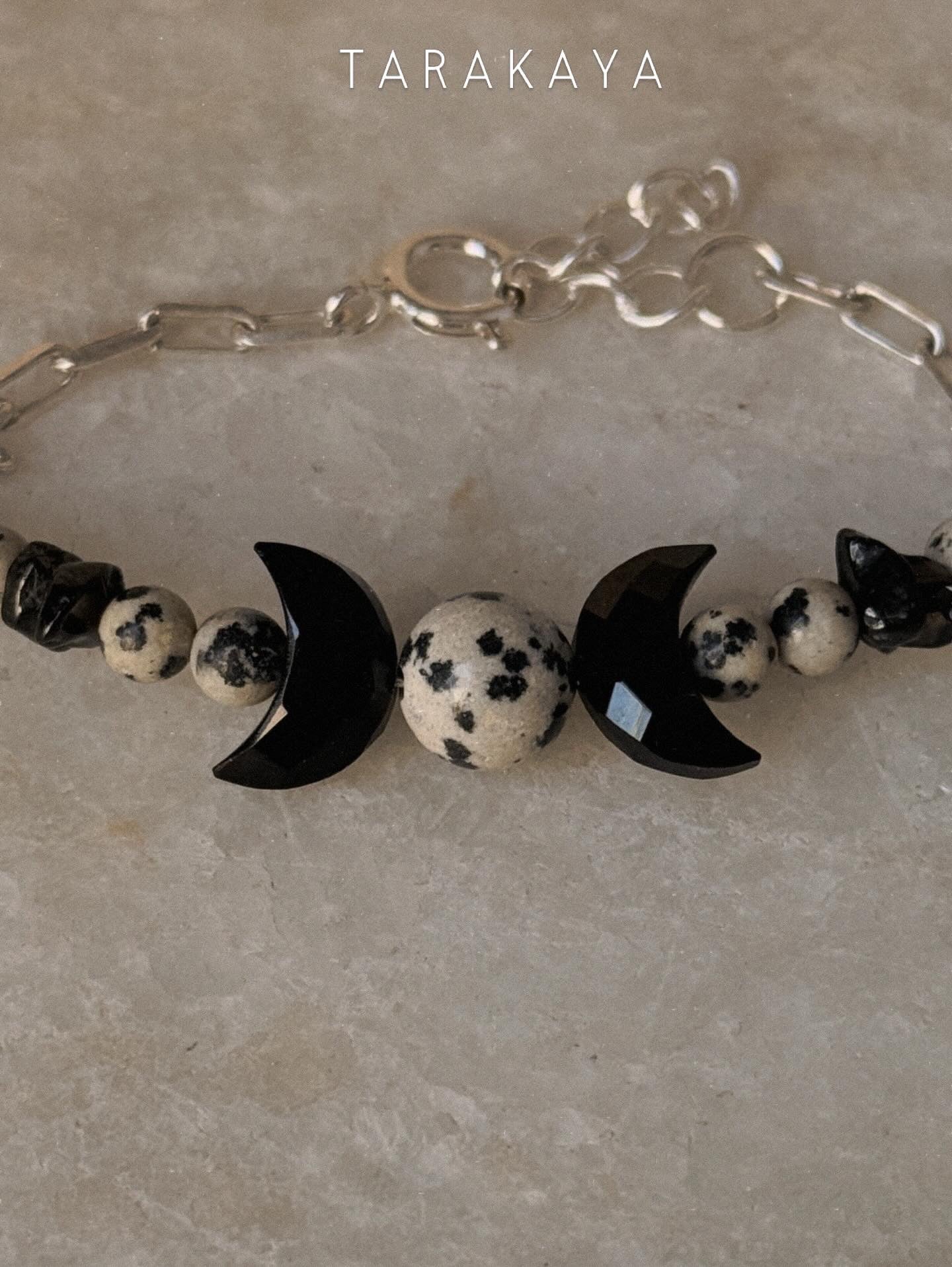 925 Sterling Silver Triple Goddess -Dalmatian Jasper, Black Onyx Moon & Black Tourmaline Chips Crystal Handcrafted Bracelet