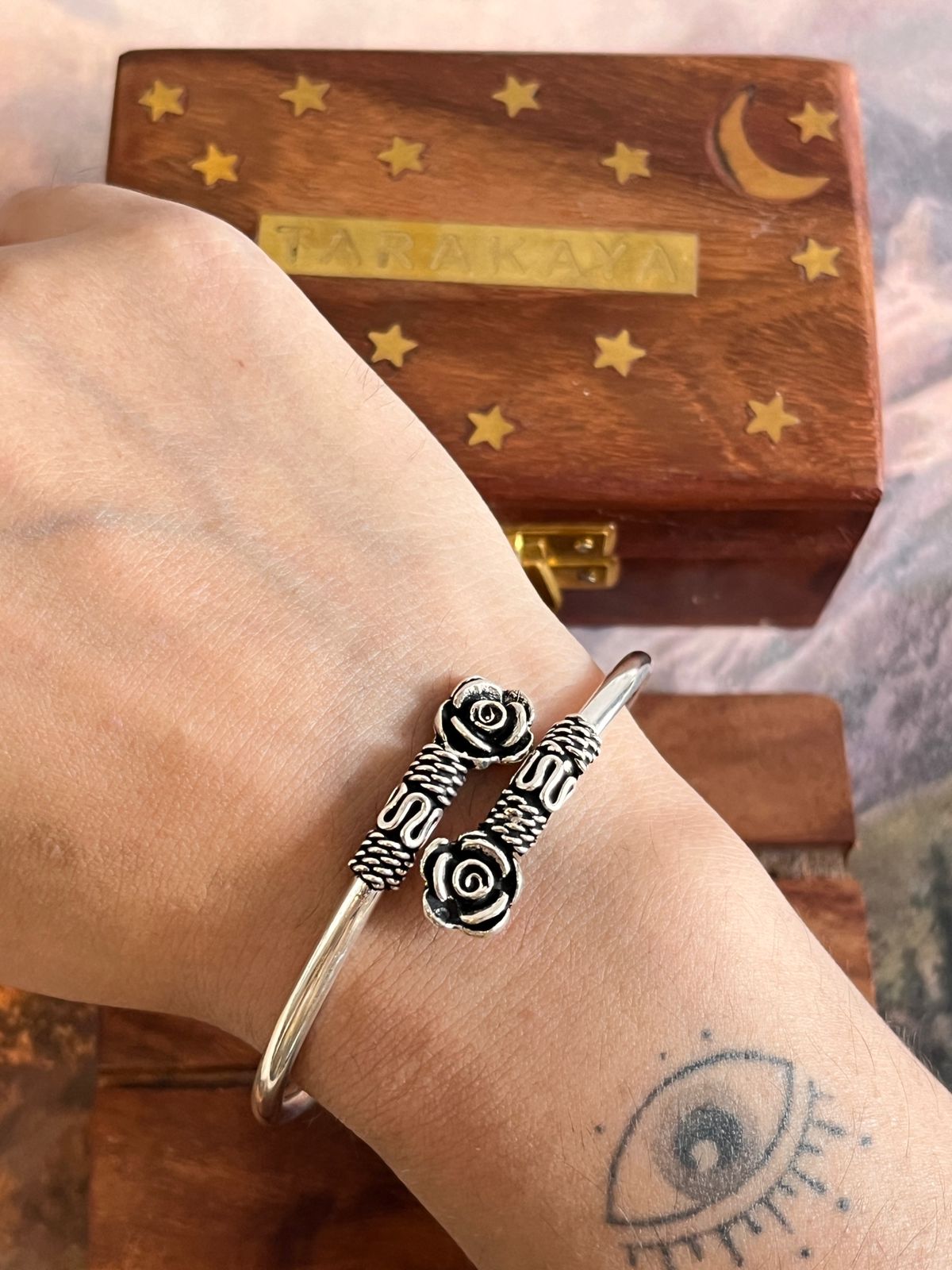 Antique Silver Kada with Rose Detailing