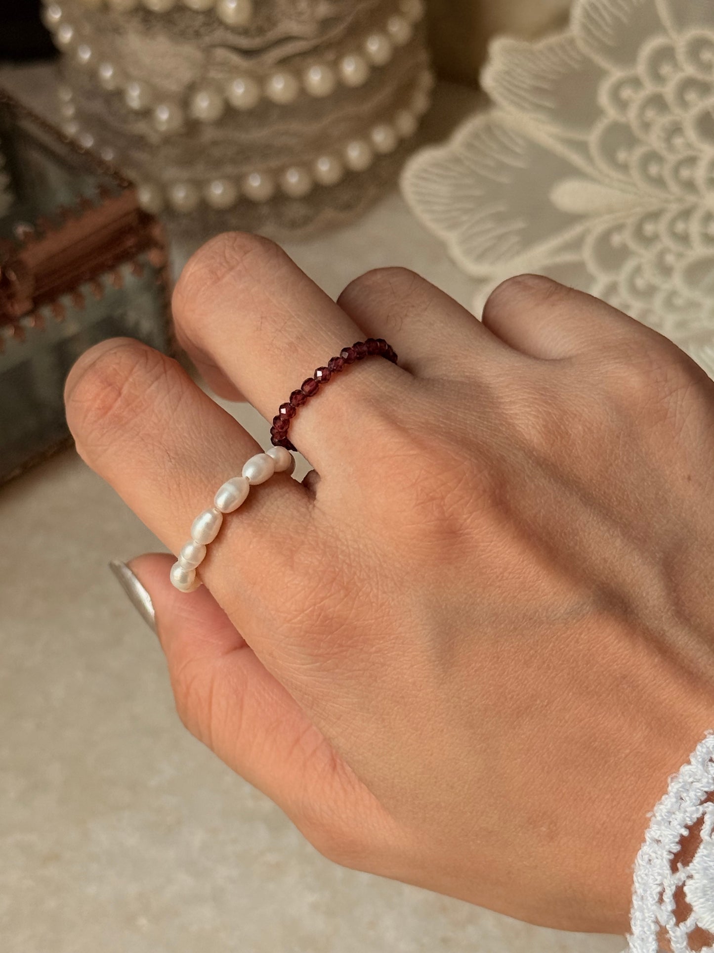 Natural Crystal Stretchy Fresh Water Pearl & Garnet Rings