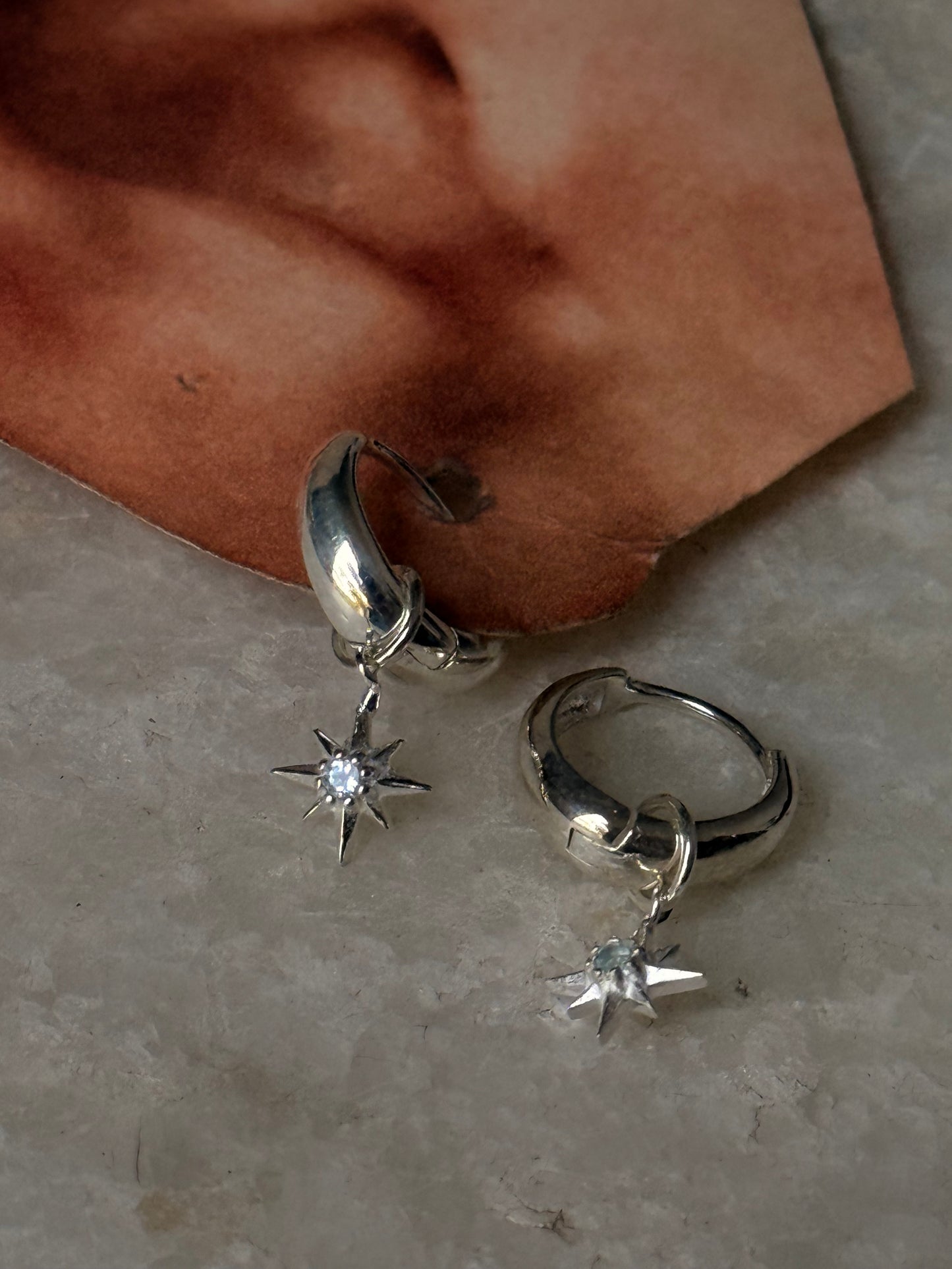 925 Sterling Silver Blue Topaz North Star Removable Charm -Plain Huggies/ Small Hoops