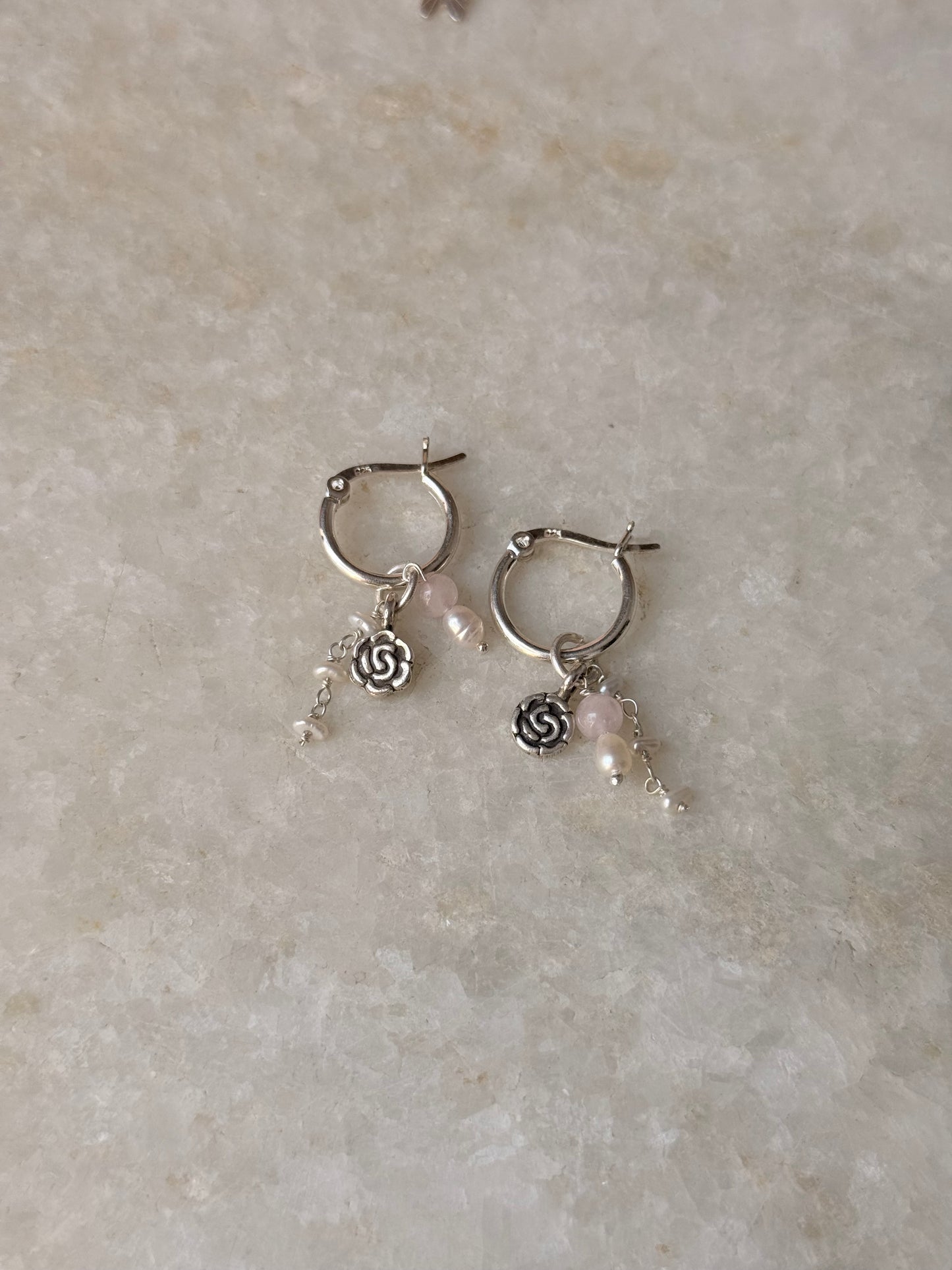 925 Sterling Silver Rose Quartz, Rose Beads & Pearl Italian Hoops