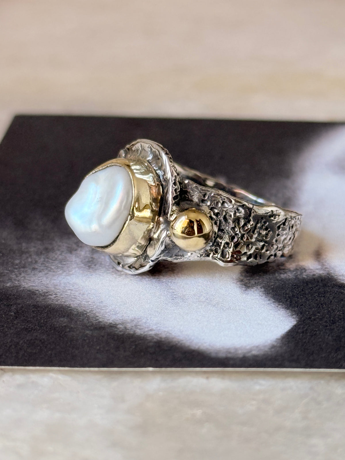 925 Sterling Silver Baroque Pearl Rustic Fusion Handcrafted Ring