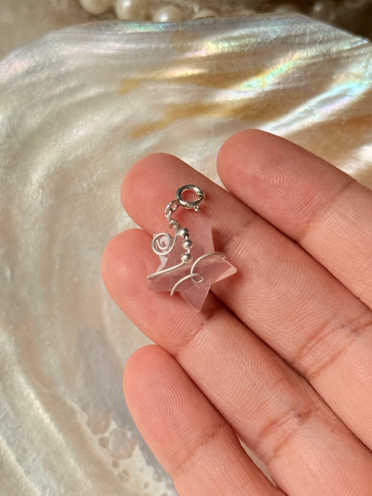 925 Sterling Silver Rose Quartz Star Carved -Wire Wrapped Handcrafted Pendant