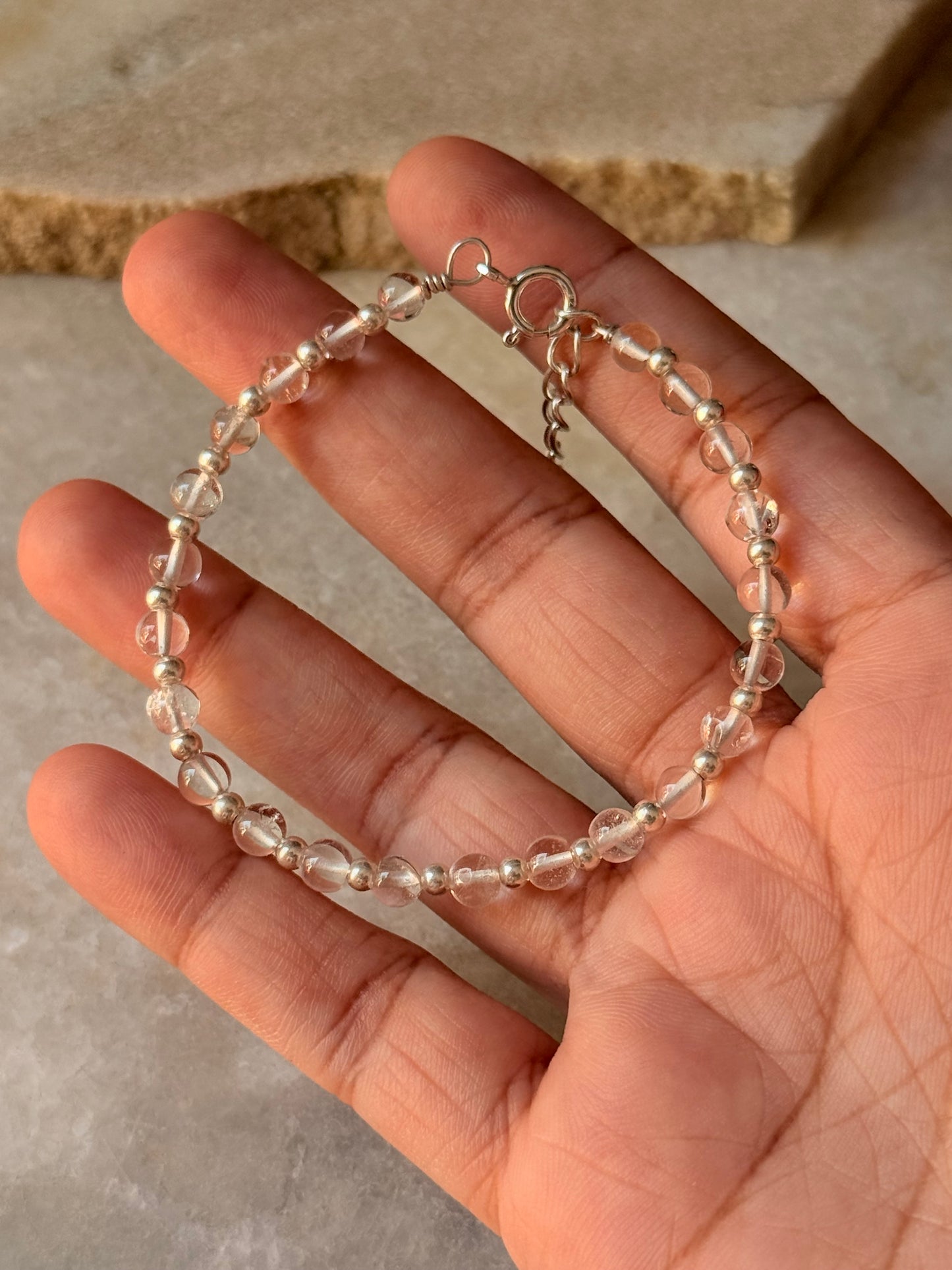 925 Sterling Silver Clear Quartz 4mm Silver Beads Bracelet- Beaded in Pure Silver 925 Wire