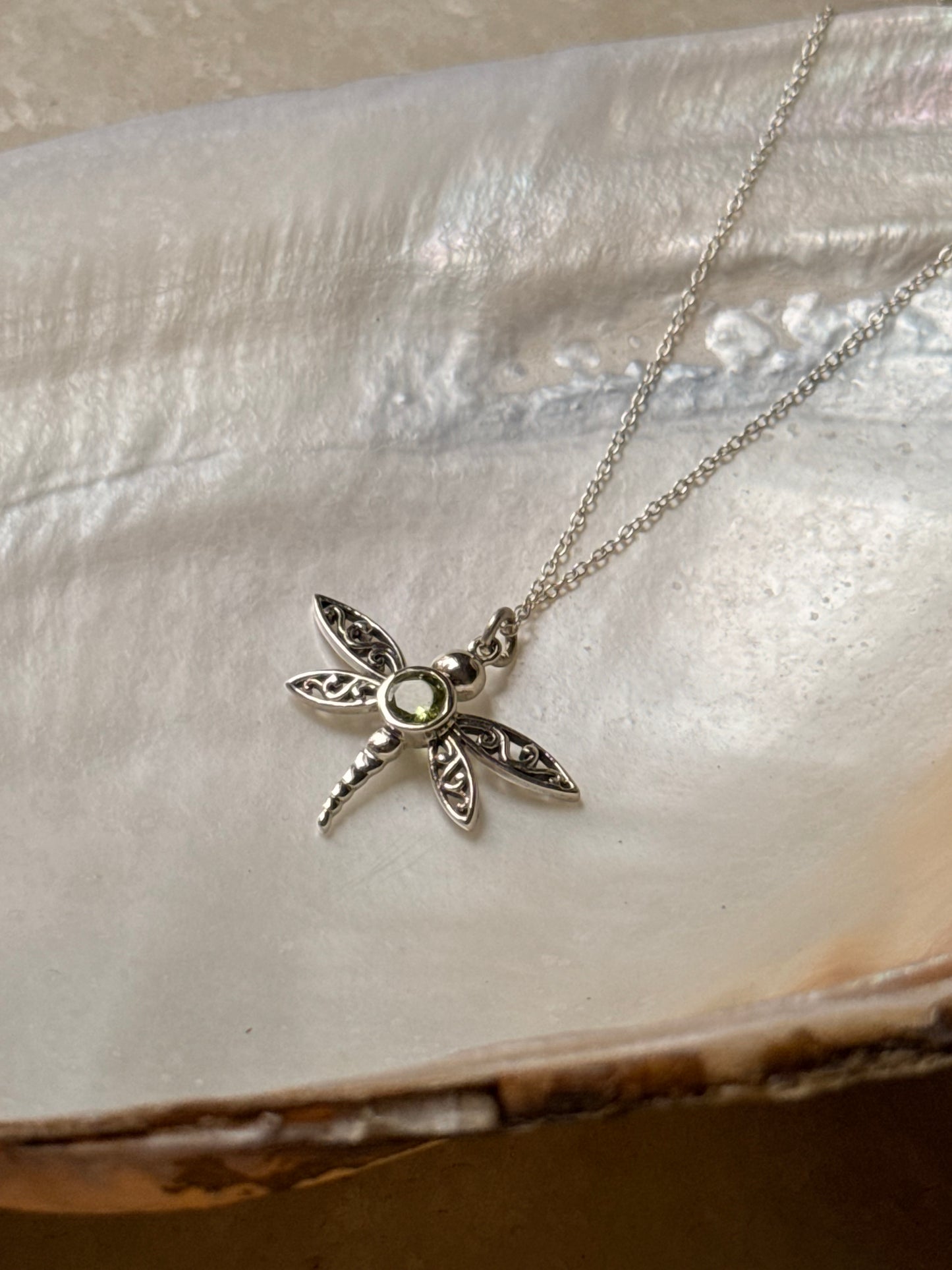 925 Sterling Silver Peridot Dragonfly Dainty Cable Chain Necklace