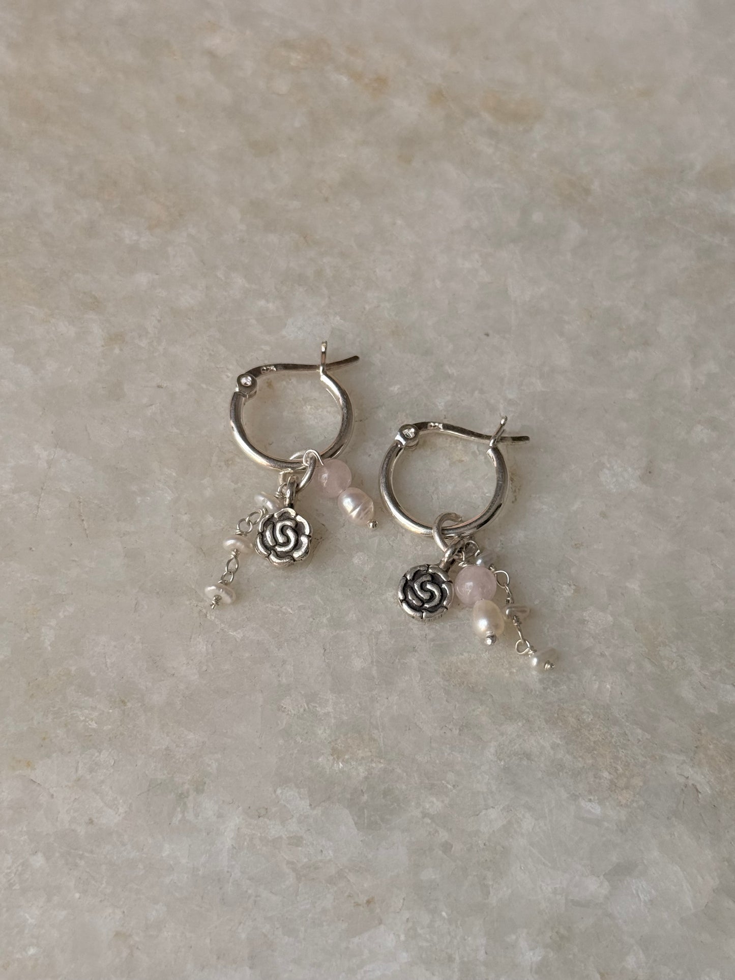 925 Sterling Silver Rose Quartz, Rose Beads & Pearl Italian Hoops