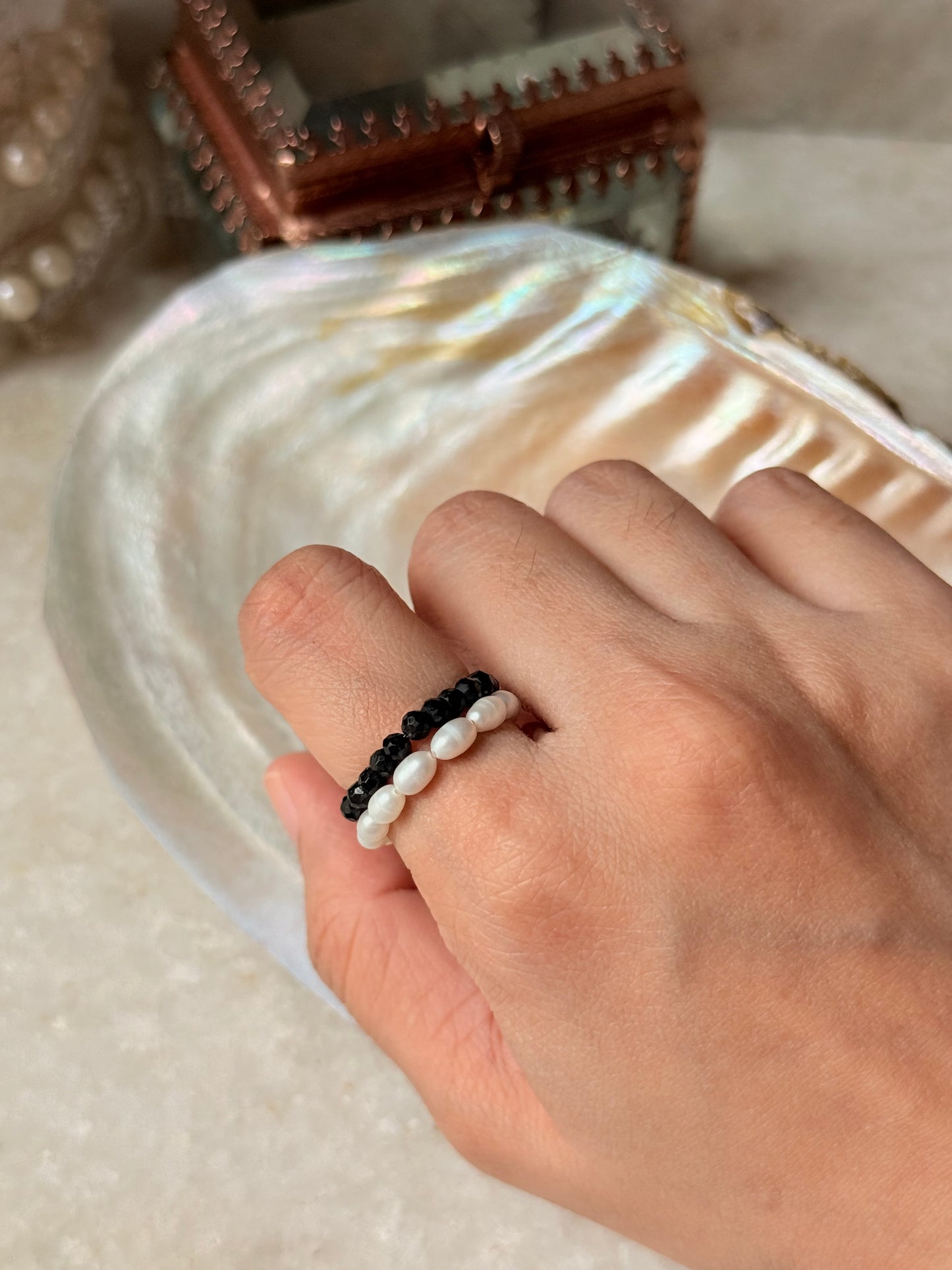 Natural Crystal Stretchy Black Spinel 3-4mm & Fresh Water Pearl Rings