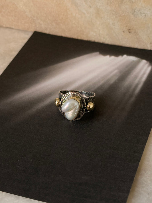 925 Sterling Silver Baroque Pearl Rustic Fusion Handcrafted Ring
