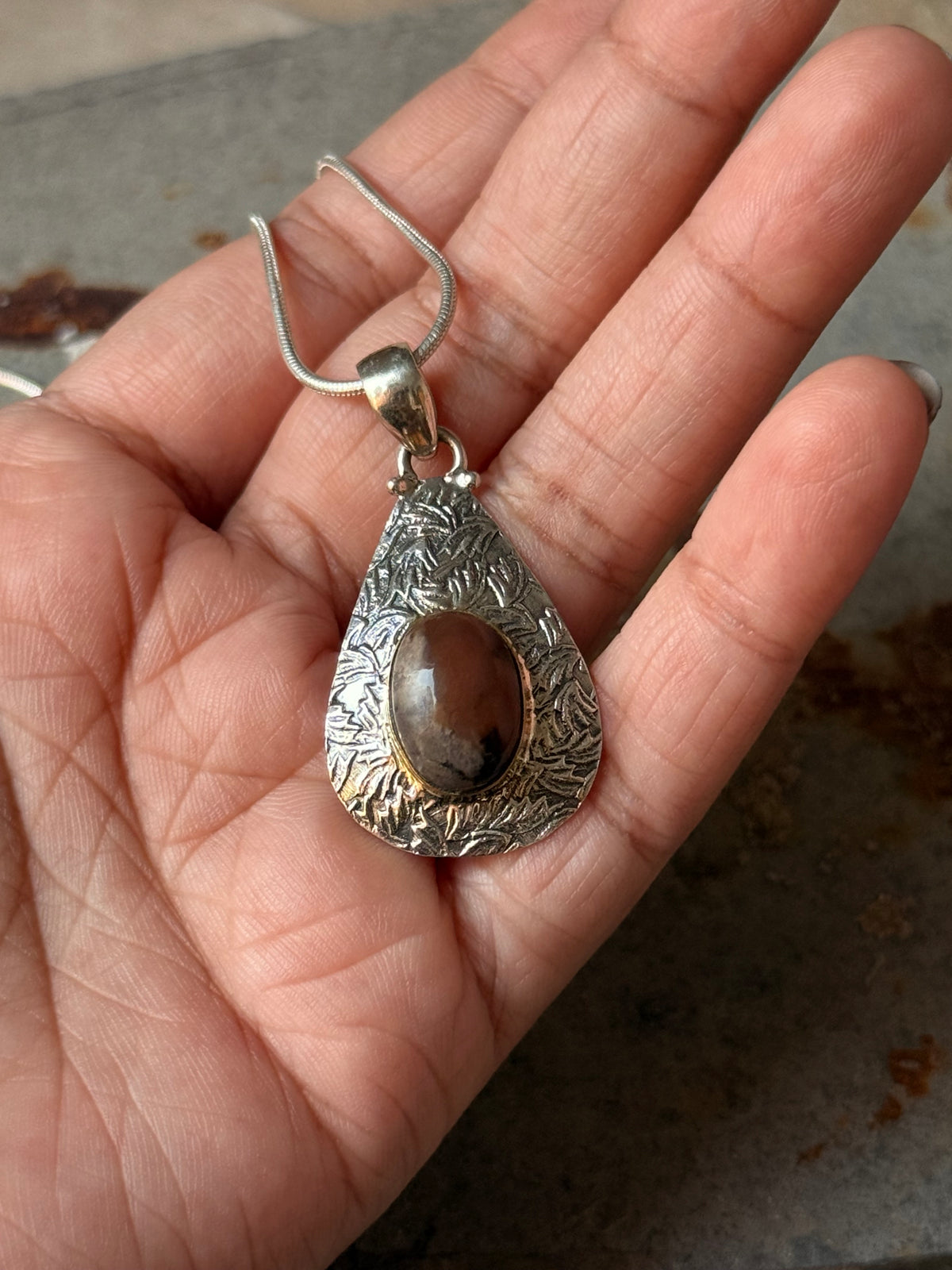 925 Sterling Silver Brown Agate Oval Stone Textured Pear Handcrafted Pendant