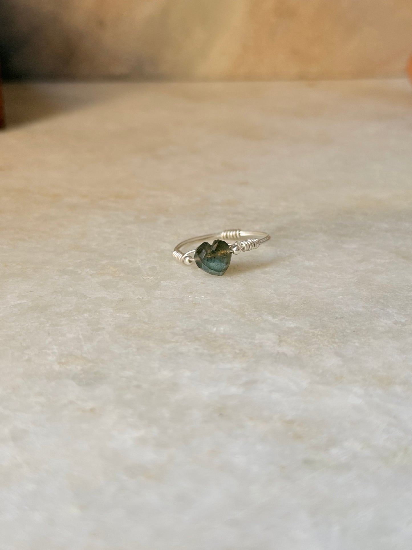 925 Sterling Silver Labradorite Heart Wire Wrapped Handcrafted Ring