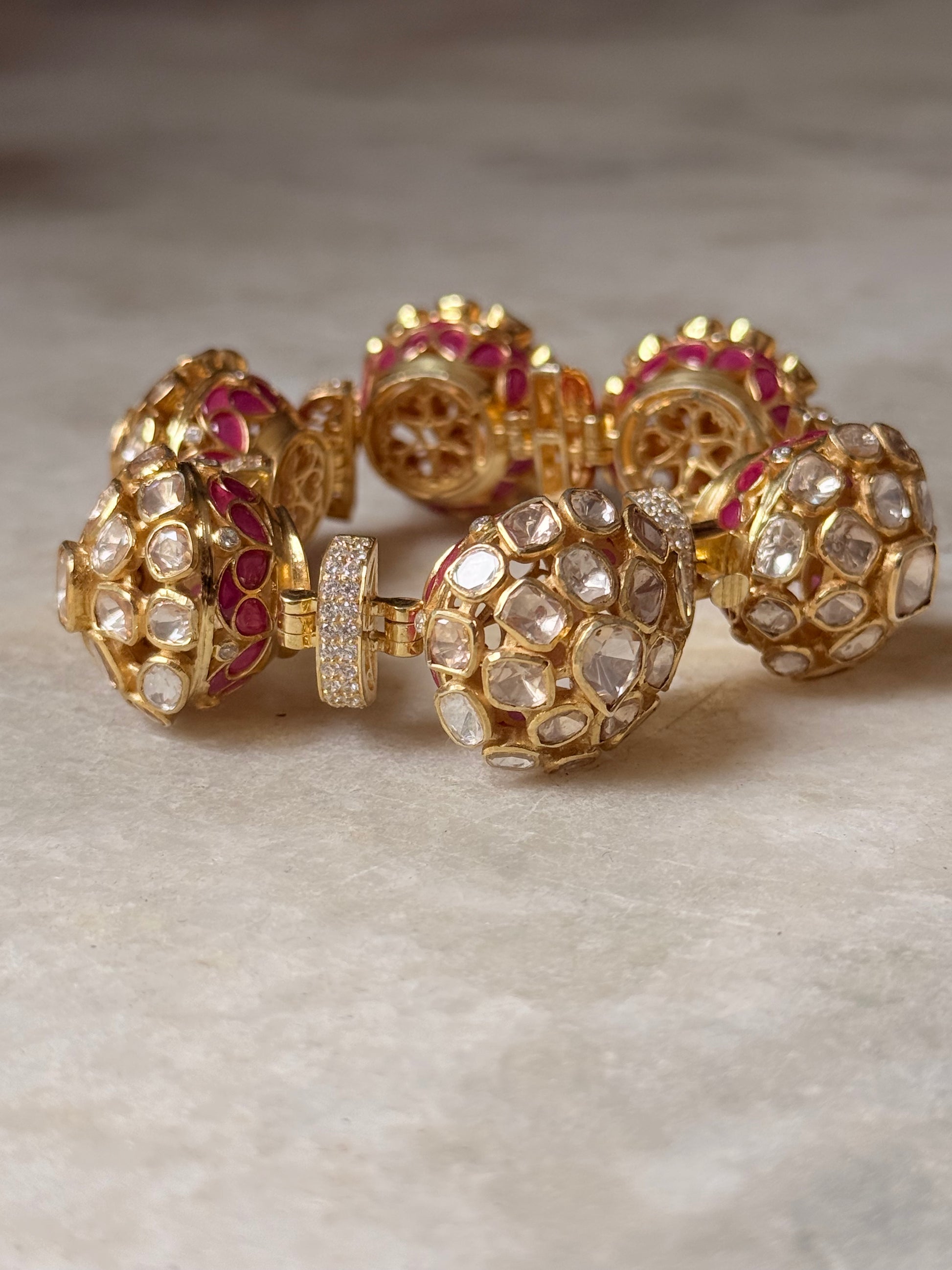 Bridal 925 Sterling Silver Gold Plated Antique Moissanite Polki Pink Kundan Bracelet