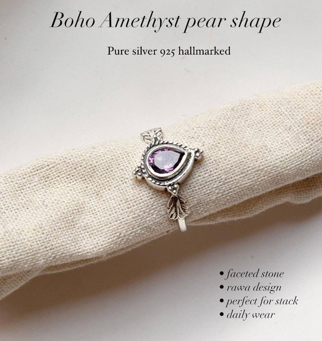 Silver Boho Ring Featuring Pear-Cut Amethyst Stone