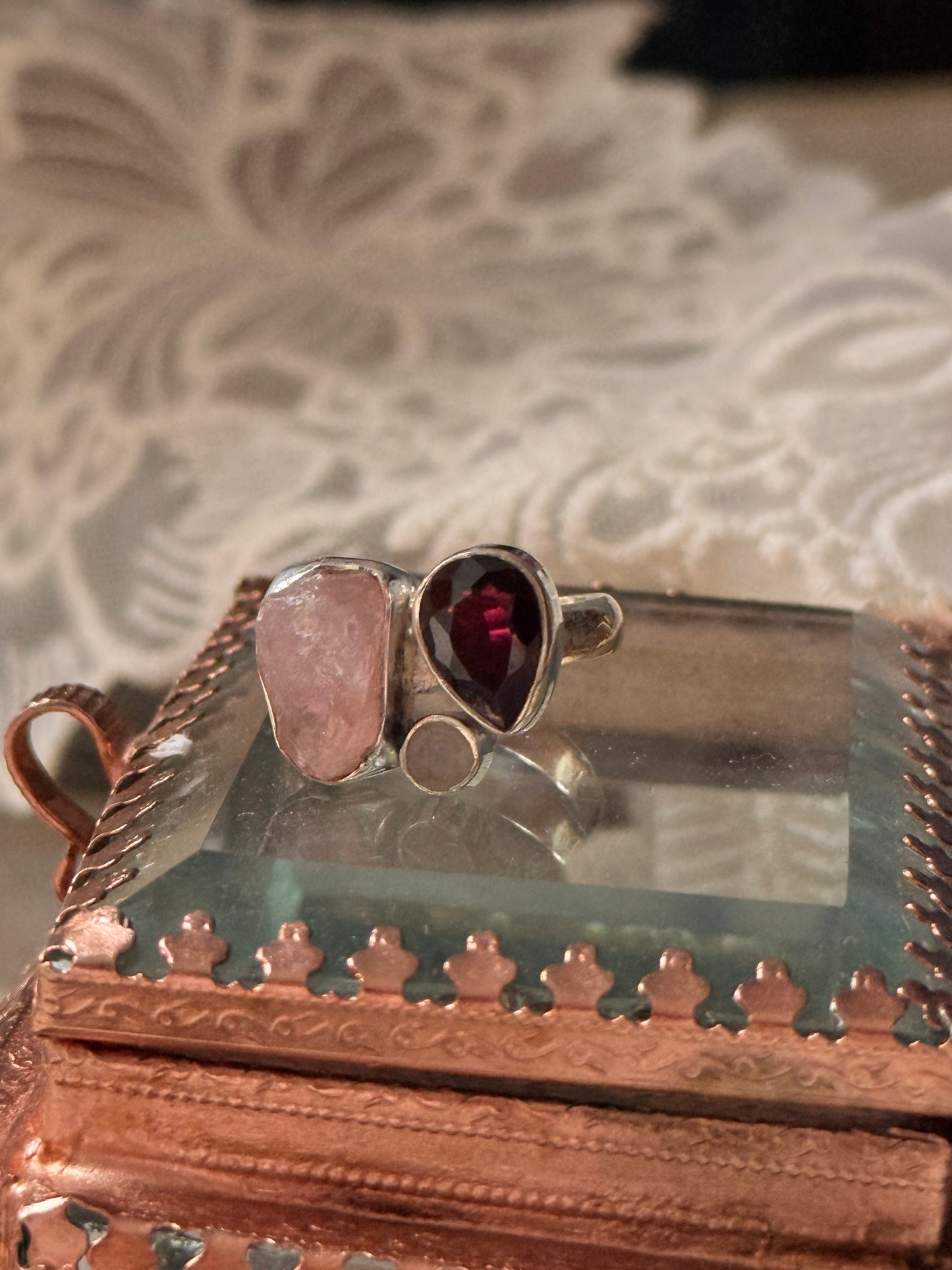 925 Sterling Silver Garnet, Moonstone and Rose Quartz Cluster One of a Kind Ring