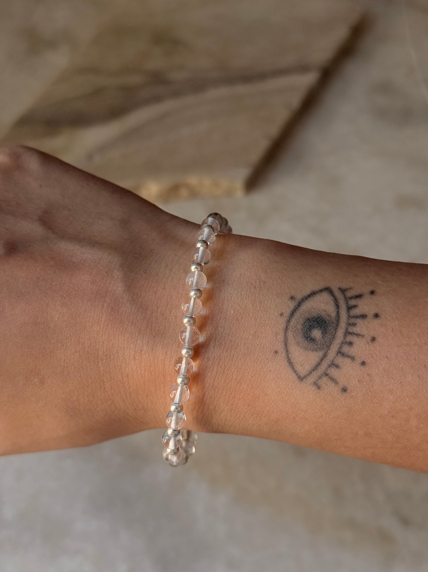 925 Sterling Silver Clear Quartz 4mm Silver Beads Bracelet- Beaded in Pure Silver 925 Wire