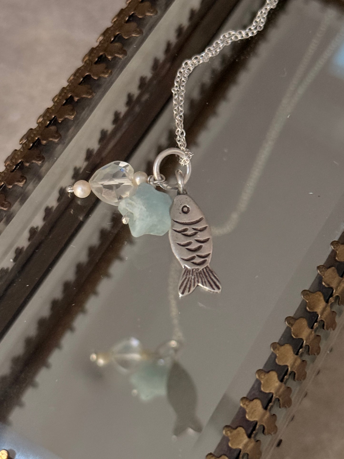 925 Sterling Silver Fish, Grey Moonstone Heart , Fresh Water Pearls and Aquamarine Star Necklace