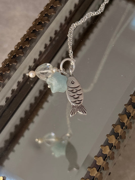 925 Sterling Silver Fish, Grey Moonstone Heart , Fresh Water Pearls and Aquamarine Star Necklace