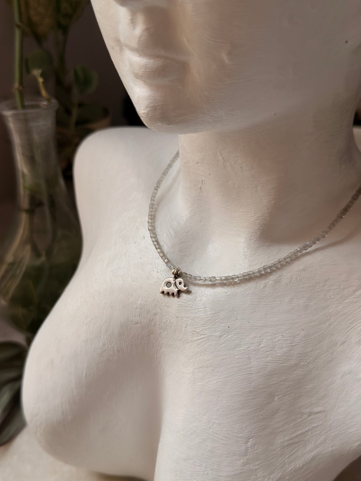 925 Sterling Silver Labradorite Box 2mm Hathi Charm Necklace