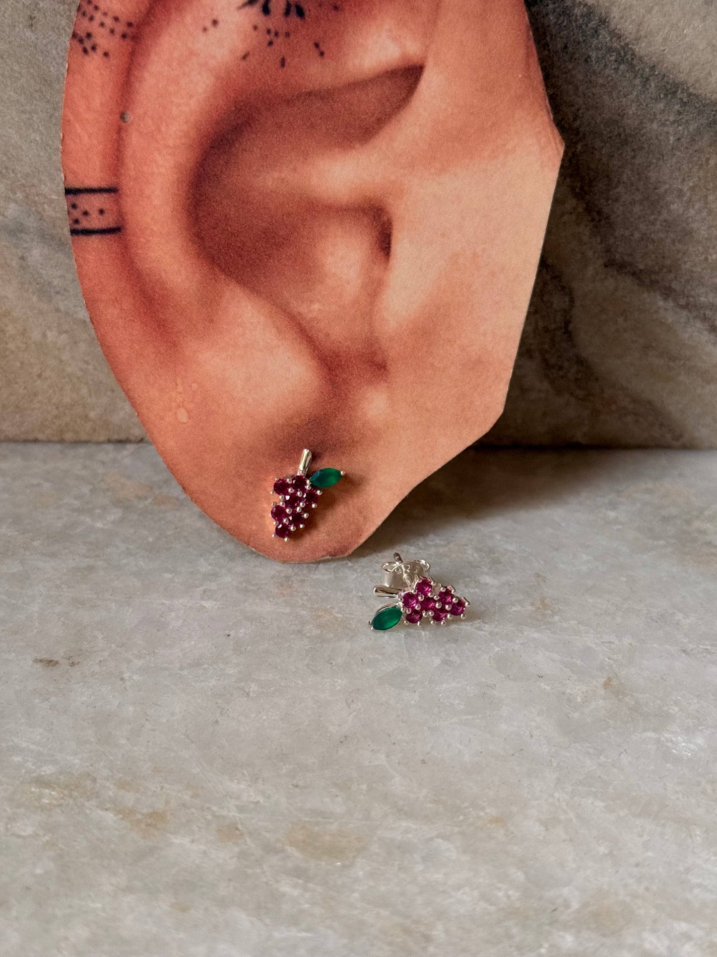 925 Sterling Silver Lab Grown Ruby and Green Onyx Cute Grapes Earrings