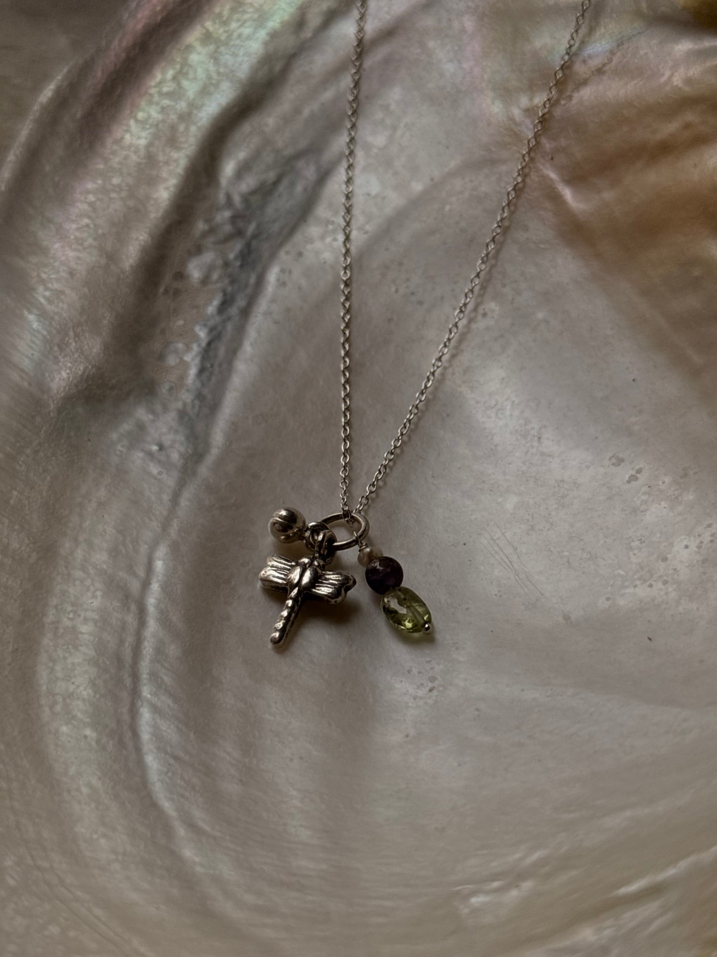 925 Sterling Silver Peridot, Amethyst Crystal Charms, Silver Dragonfly  & Ball Charm Dainty Chain Necklace