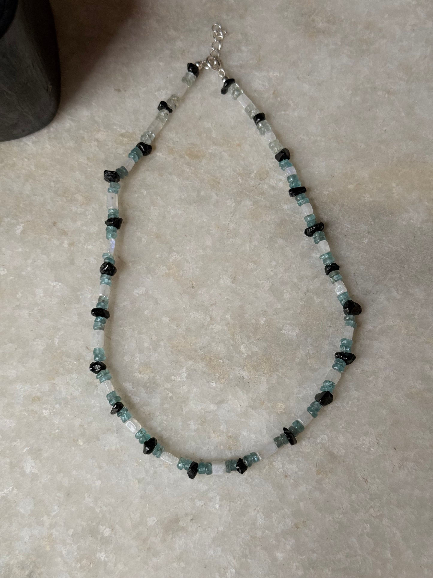 Black Tourmaline, Apatite & Moonstone 925 Sterling Silver Necklace