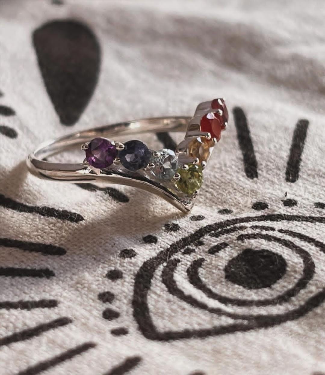 Spiritual seven chakra V ring in sterling silver