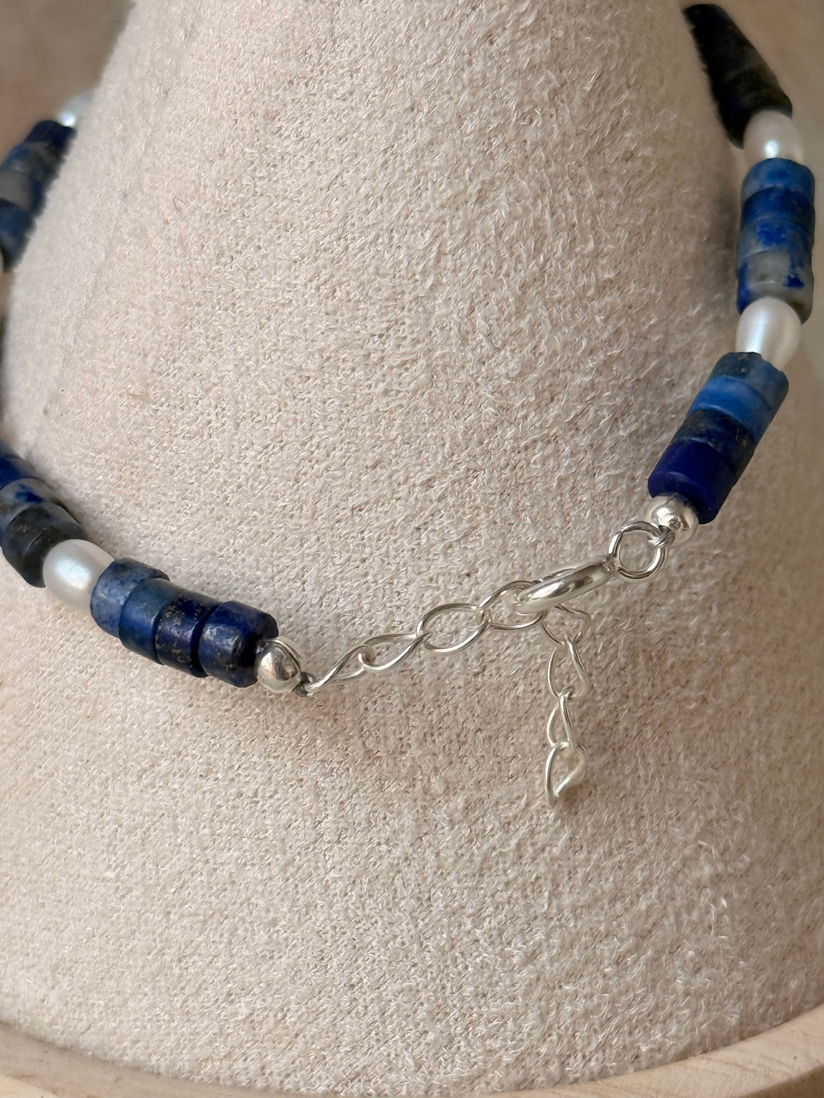 925 Sterling Silver Lapis Lazuli Flat Tube Crystal Fresh Water Pearls Bracelet