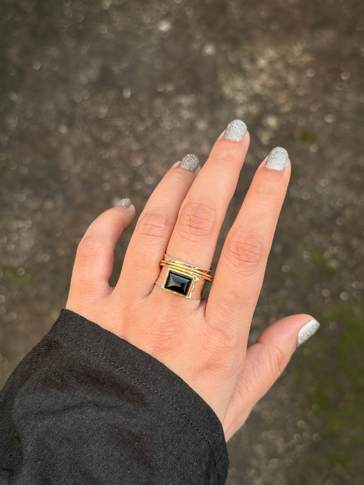 925 Sterling Silver Black Onyx Spinner Dual Tone Rustic Ring