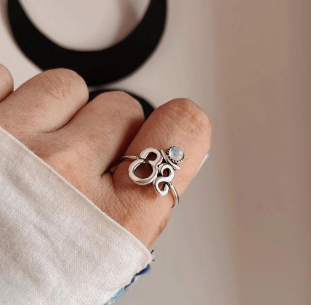 Spiritual Om Aum Moonstone Ring in Sterling Silver