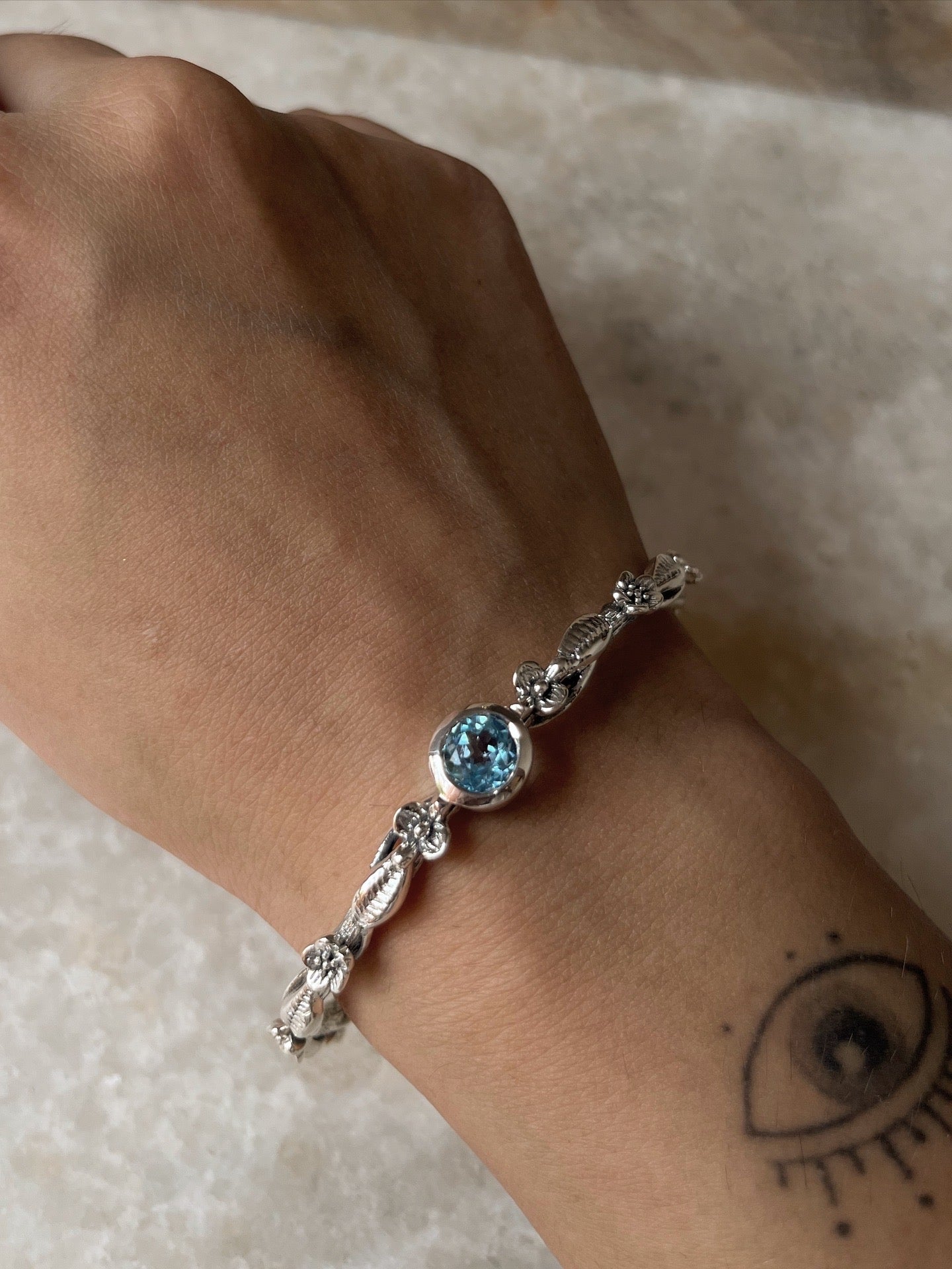 Unique blue topaz statement silver bangle handcrafted