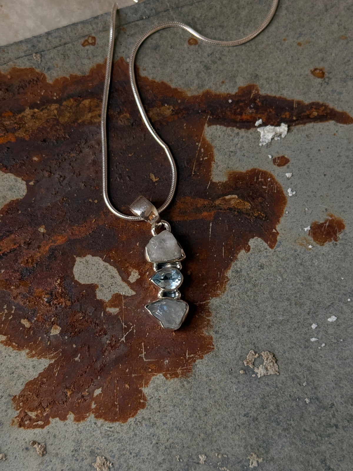925 Sterling Silver Blue Topaz, Moonstone Raw Cluster Handcrafted One of a Kind Pendant