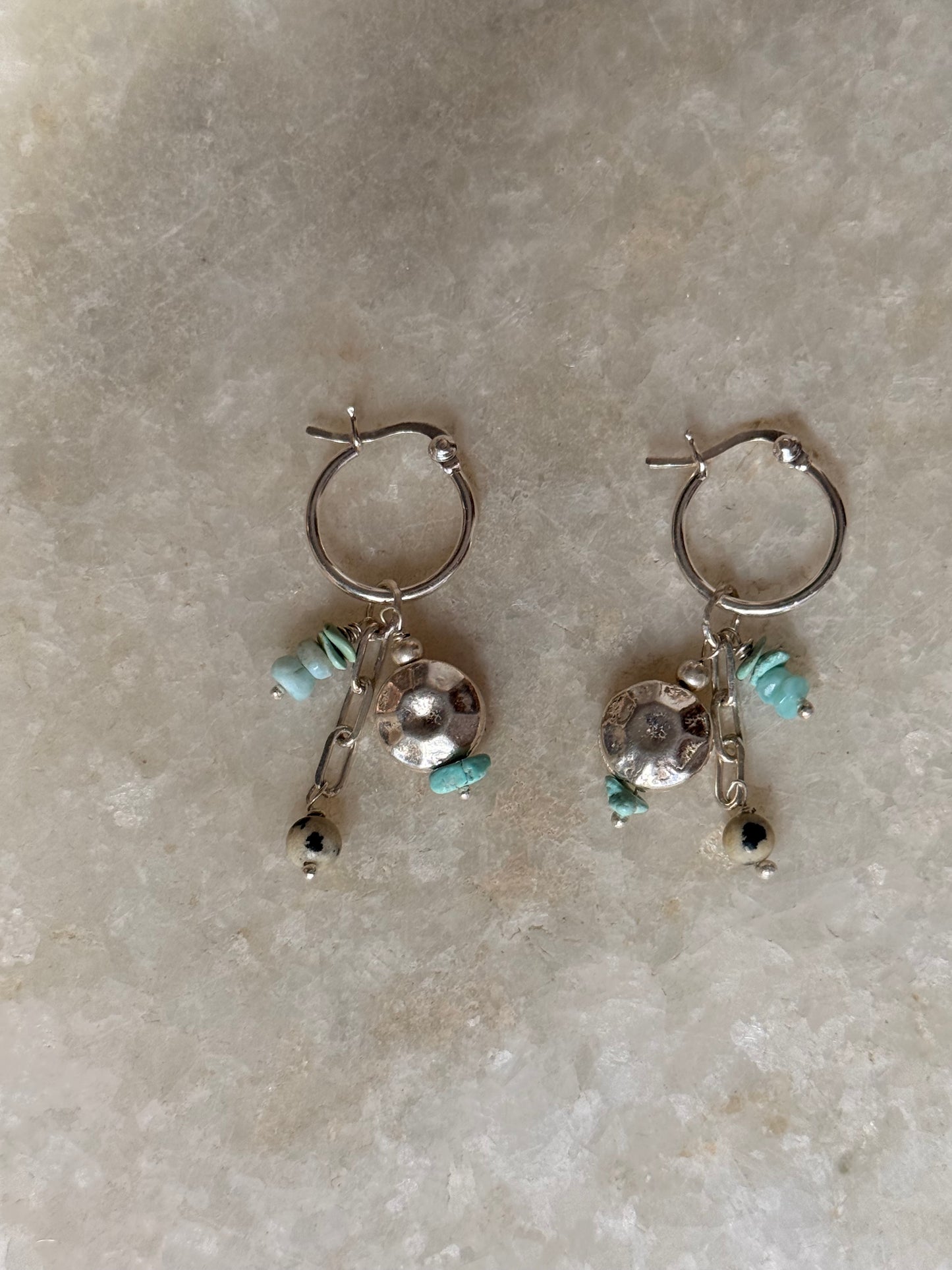 925 Sterling Silver Larimar , Turquoise , Dalmatian Jasper With Paper Clip Chain, Handcrafted Rustic Hoops Earrings