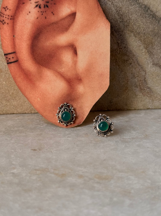 925 Sterling Silver Rawa Motif Green Onyx Earrings