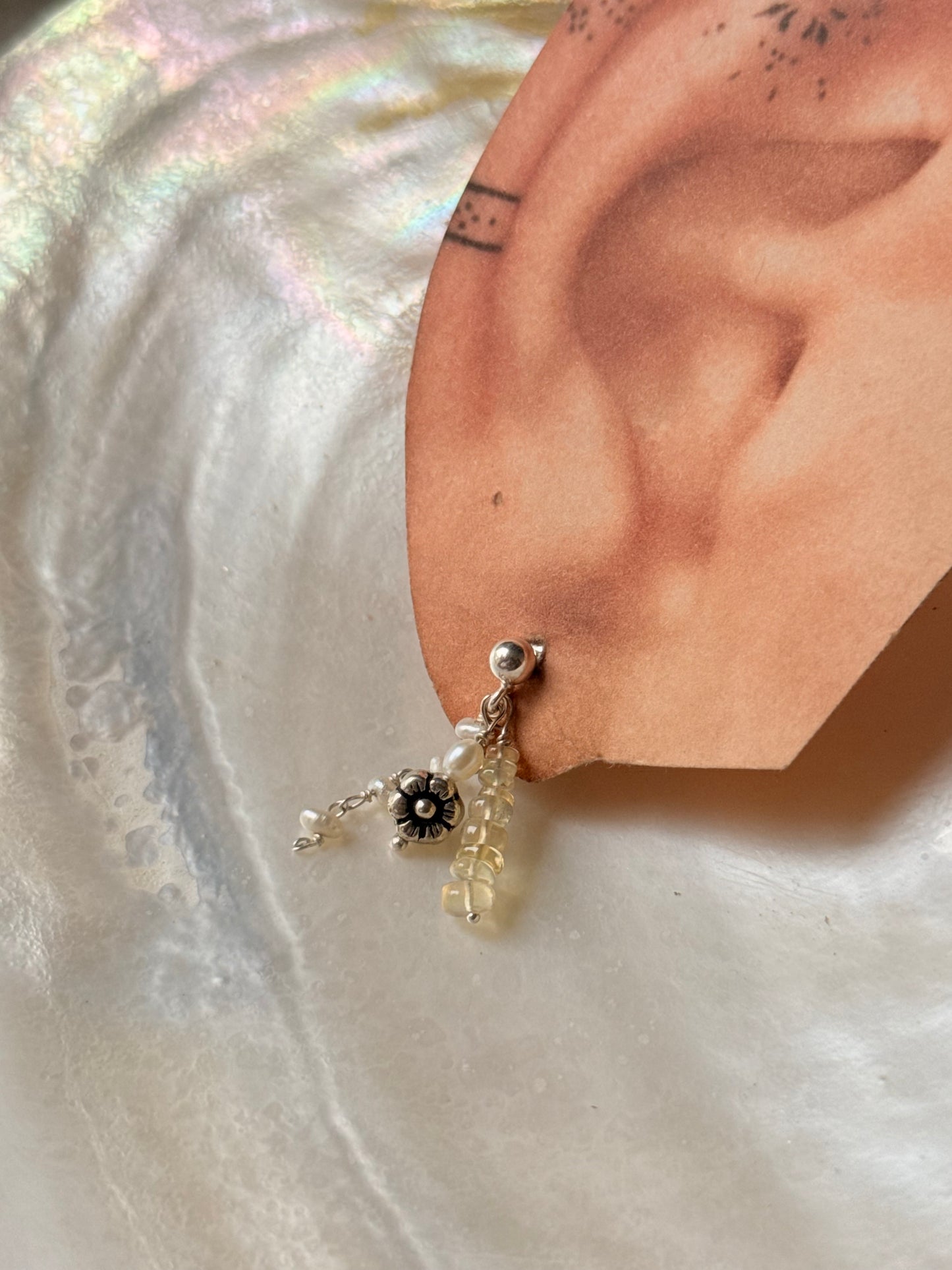 925 Sterling Silver Ethiopian Opals & Fresh Water Pearls Hand beaded , Floral Charm Handcrafted Studs Earrings