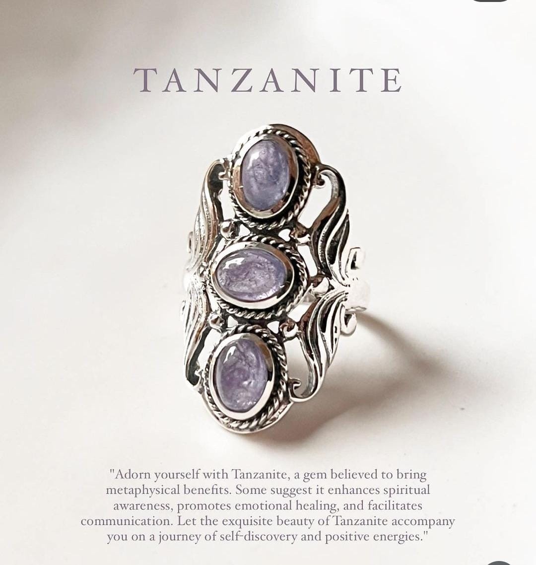 Tanzanite 3 stone statement sterling silver ring
