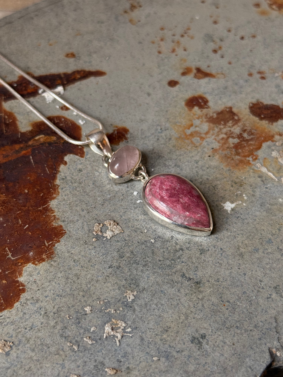 925 Sterling Silver Rose Quartz Oval, Rhodochrosite Pear Handcrafted One of a Kind Pendant