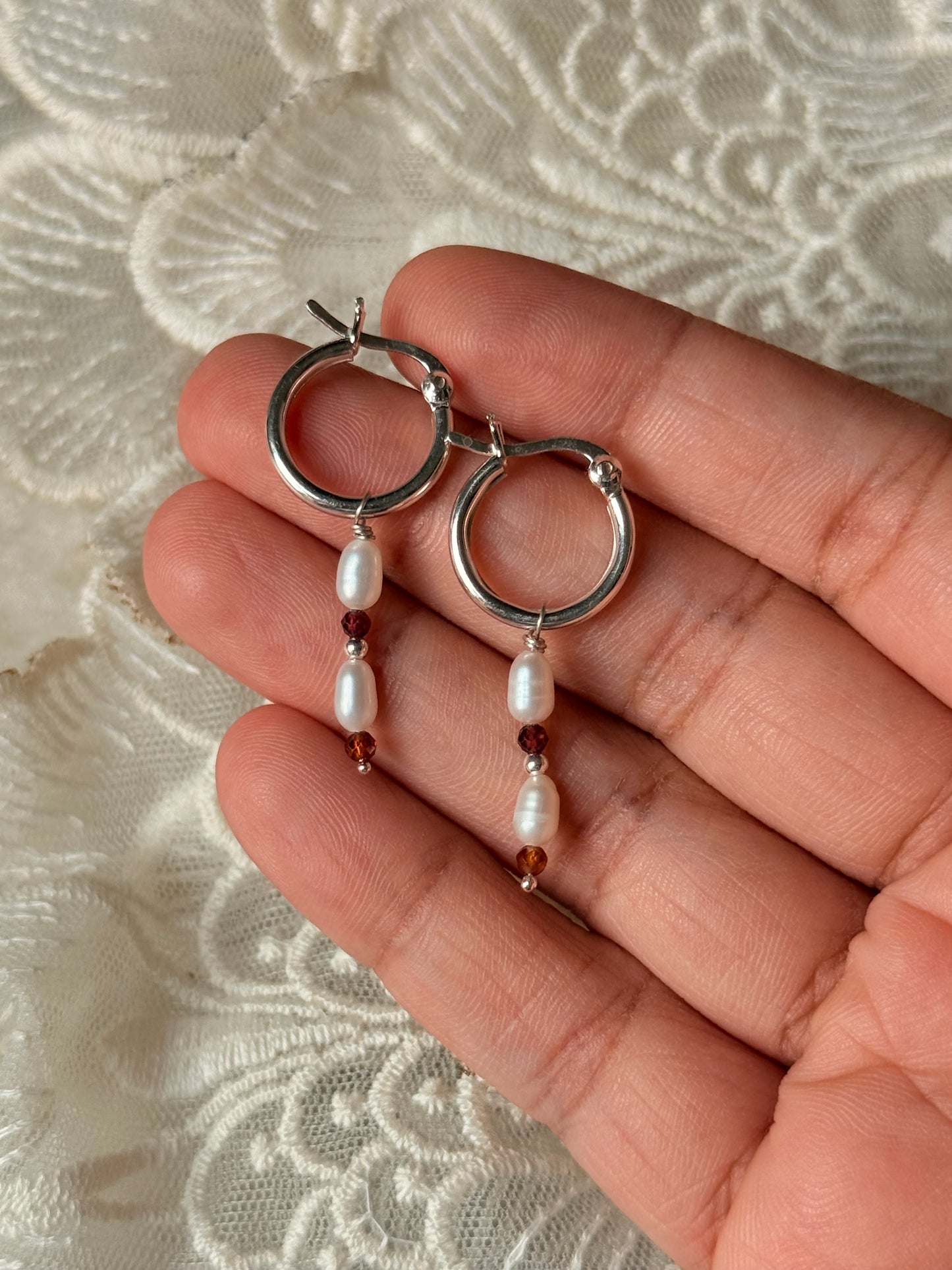 925 Sterling Silver Hessonite 2mm Fresh Water Pearl Hoops Earrings