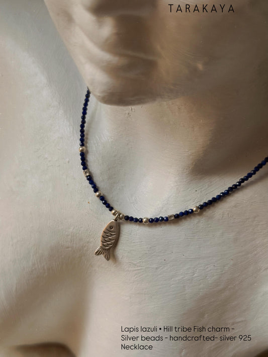 925 Sterling Silver Lapis Lazuli 2mm & Hill Tribe Fish / Matsya Charm Silver Beads Handcrafted Necklace