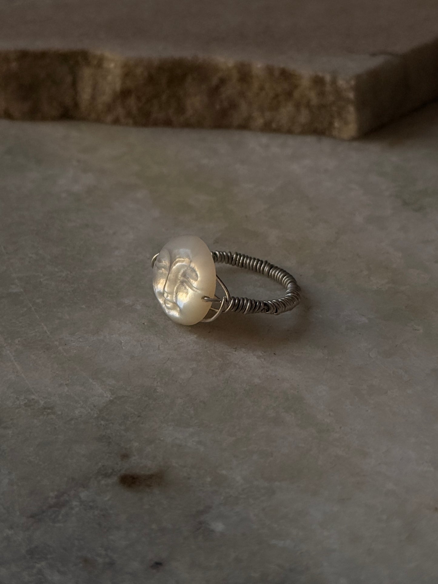 925 Sterling Silver Mother of Pearl Moon Face Wire Wrapped Handcrafted Ring