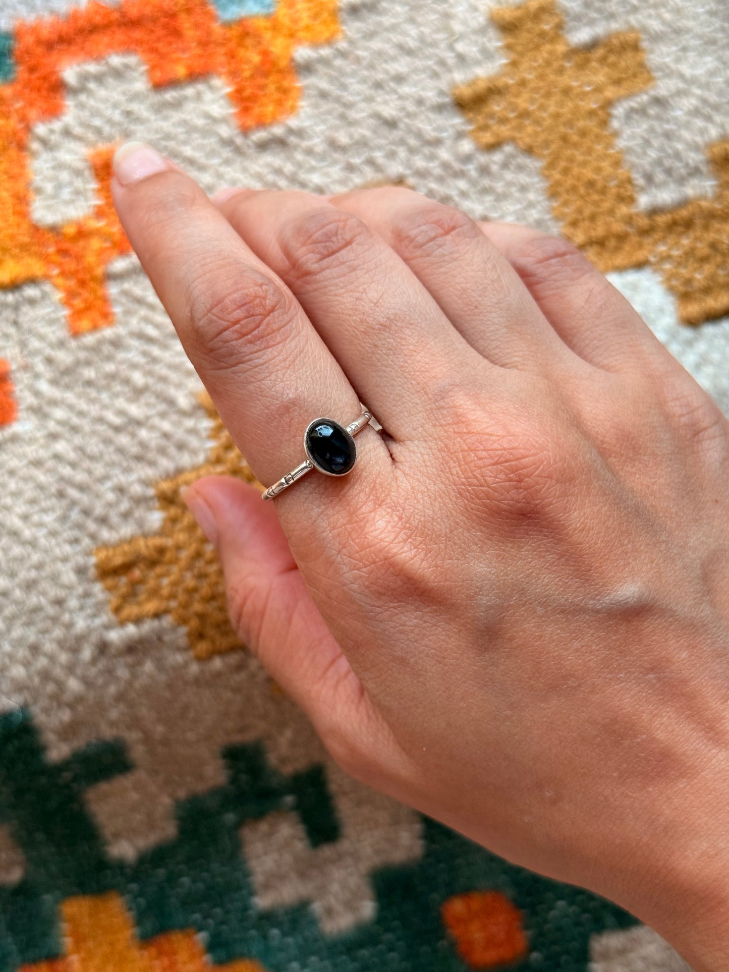 925 Sterling Silver Star Black Onyx Oval Engraved Adjustable Ring