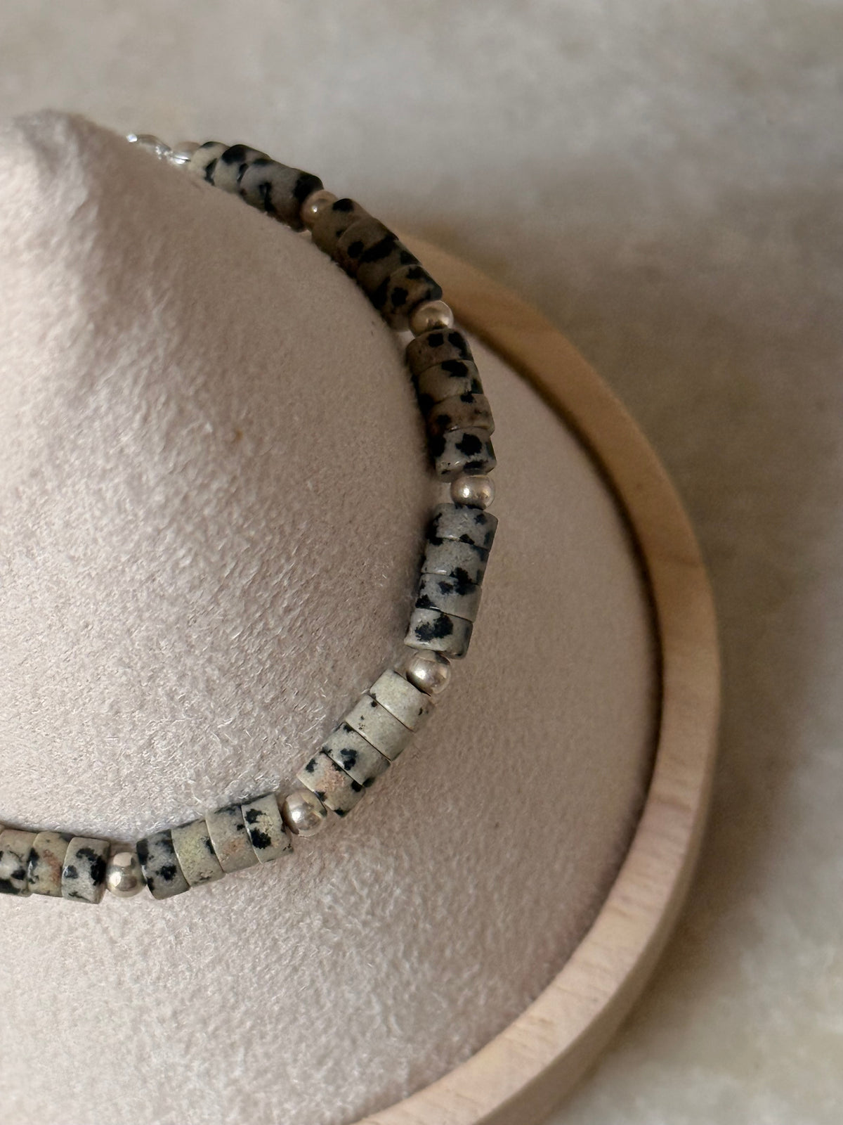 925 Sterling Silver Dalmatian Jasper Flat Tube Crystal Silver Balls Bracelet