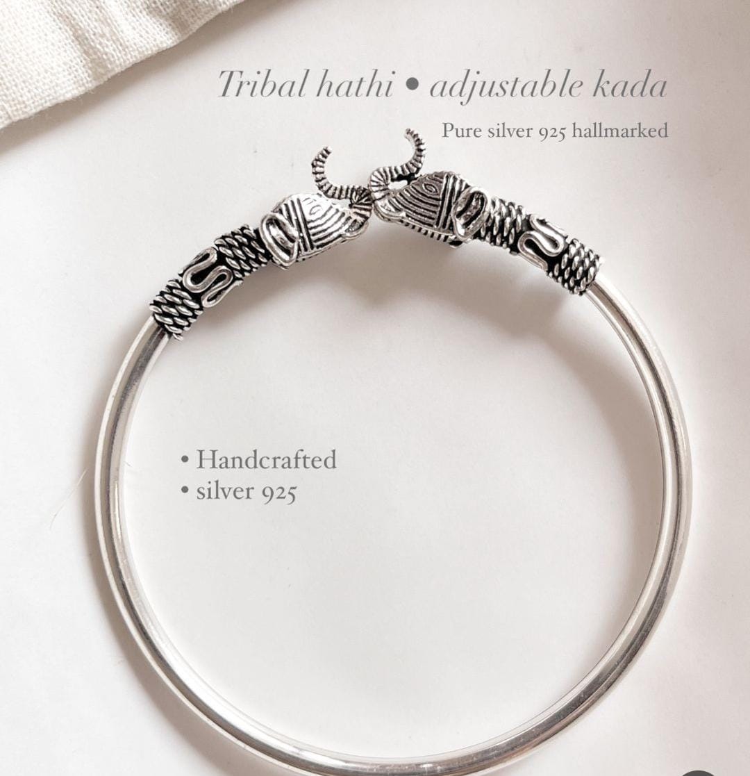 Adjustable Silver Kada with Antique Haathi Design