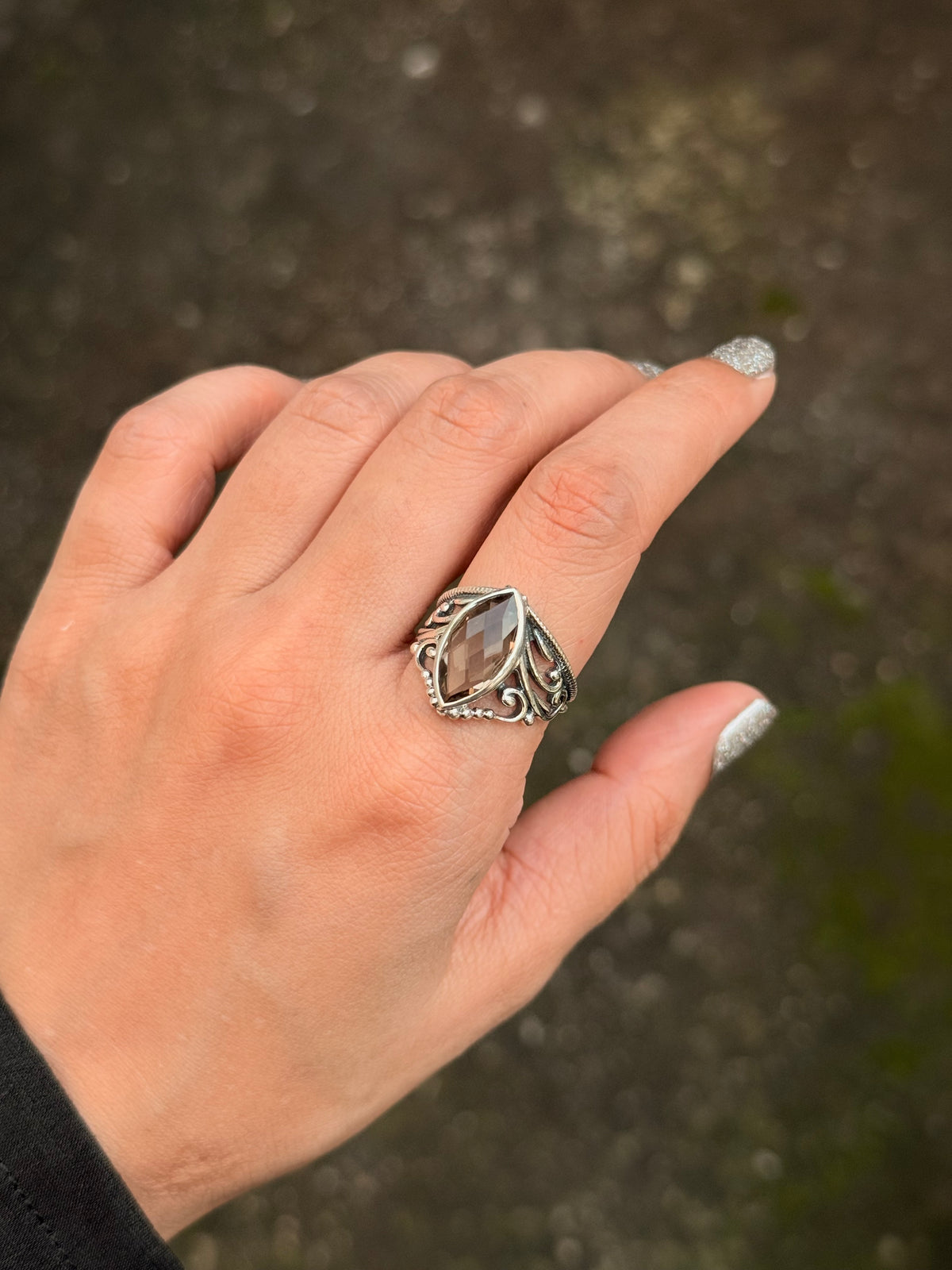 925 Sterling Silver Smokey Quartz Marquise Vintage Crown Ring